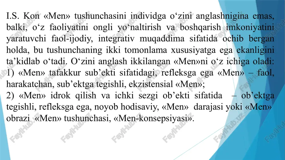 bunda ikkilangan aks ettirishni ta’kidlash lozim: menda haqiqatdan ham ko‘rmoqchi bo‘lgan xususiyatlar emas, mening fikrimcha, ko‘rmoqchi bo‘lganlardir. ko‘p hollarda «kutilgan men» sohasini ota-onalar belgilaydi. ba’zan ular o‘z farzandlariga bu haqda to‘g‘ridan to‘g‘ri gapiradilar («haqiqiy musiqachi bo‘lib etishishingni orzu qilaman (olim, shoir va sh.o‘.)»). odatda, «kutilgan men» biz uchun obro‘li bo‘lgan insonga yo‘nalgan holda tuziladi. bu ota, ona, qarindoshlar yoki do‘stlardan biri, ba’zida ustoz ham bo‘lishi mumkin. bu insonning obro‘si qanchalik kuchli bo‘lsa, uning kutilganlariga nisbatan yo‘nalish ham shunchalik kuchli bo‘ladi. 4. «ko‘rgazmali men» yoki «namoyishkorona men» katta tantanalarda o‘zining egallab turgan darajasini ko‘rsatish, alohida ko‘rinish uchun kiyiladigan ko‘chalik ko‘ylakni eslatadi. «na men» – bu boshqalarda yaxshi taassurot qoldirish uchun ko‘rsatiladigan hulq-atvor aktlari yig‘indisi. bunga, shuningdek, biz o‘z darajamiz yoki ijtimoiy rolimizdan qat’iy nazar bildiradigan qarashlar, g‘oyalar, hulq-atvor odati va shu kabilarni kiritish mumkin. 5. «uydagi men» ko‘chalik ko‘ylakni echib, hulq-atvorning ko‘rgazmali odatlarini tashlab, bo‘shashganda namoyon bo‘ladi. masalan, gerdaygan general doimo …