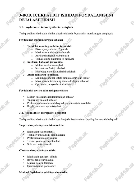 hal qiladi: yuqori darajada foydalanish mumkin: · ichki audit yuqori sifatli · tashkiliy mustaqillik ta'minlangan · professional malaka yuqori · tizimli yondashuv qo'llaniladi · sifat nazorati samarali o'rtacha darajada foydalanish: · ichki audit qoniqarli sifatda · ba'zi cheklovlar mavjud · malaka yetarli darajada · qisman tizimli yondashuv minimal foydalanish yoki foydalanmaslik: · ichki audit sifati past · mustaqillik cheklangan · professional malaka yetarli emas · tizimsiz yondashuv · sifat nazorati yo'q 3.3. hamkorlik rejasini ishlab chiqish tashqi va ichki auditorlar o'rtasida samarali hamkorlik uchun reja tuziladi: rejaning asosiy elementlari: 1. maqsadlar va vazifalar: · umumiy maqsadlarni belgilash · har bir tomon vazifalarini aniqlash · kutilayotgan natijalarni aniqlash 2. ish hajmi va muddatlar: · amalga oshiriladigan ishlar ro'yxati · bajarilish muddatlari · resurslar taqsimoti 3. muloqot va koordinatsiya: · uchrashuv jadvali · ma'lumot almashinuvi tartibi · hisobotlar taqdimoti 4. nazorat va monitoring: · bajarilishini kuzatish · muammolarni hal qilish mexanizmi · …