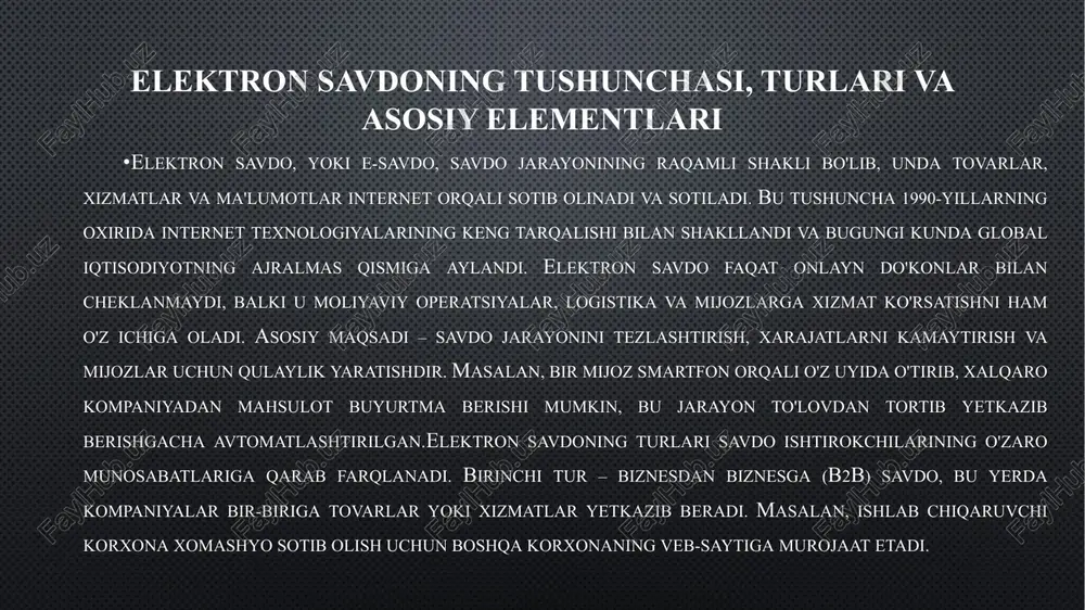 baholash milliy va xalqaro savdo jarayonlarini takomillashtirishda muhim ahamiyat kasb etadi. elektron savdo, ya’ni tovarlar va xizmatlarni internet orqali sotish va sotib olish jarayoni, an’anaviy savdo modellariga nisbatan ko’plab afzalliklarga ega bo’lib, lekin ayni paytda o’ziga xos xavf-xatarlarni ham keltirib chiqaradi. masalan, raqamli texnologiyalarning joriy etilishi savdo jarayonlarini tezlashtirib, xarajatlarni kamaytiradi, ammo bu jarayonlarda xavfsizlik va infratuzilma muammolari yuzaga kelishi mumkin. o’zbekiston iqtisodiyotida elektron savdo sohasi so’nggi yillarda jadal rivojlanmoqda, bu esa uning iqtisodiy ta’sirini baholashni dolzarb masalaga aylantiradi. elektron savdo tizimlarining samaradorligini baholashda quyidagi mezonlar asosiy o’rin tutadi: vaqt tejash, xarajatlar optimallashtirish, foyda oshirish va xaridorlar sonini ko’paytirish. bu mezonlar orqali elektron savdoning umumiy iqtisodiy samarasi aniqlanadi va kelgusidagi rivojlanish yo’nalishlari belgilab olinadi iqtisodiy samaradorlik mezonlari: vaqt, xarajat, foyda, xaridor soni elektron savdo tizimlarining iqtisodiy samaradorligini baholashda vaqt mezonining roli alohida ahamiyatga ega. an’anaviy savdo jarayonlarida mijozlar do’konlarga borish, tovarlarni tanlash va sotib olish uchun ko’p vaqt sarflaydi, bu …