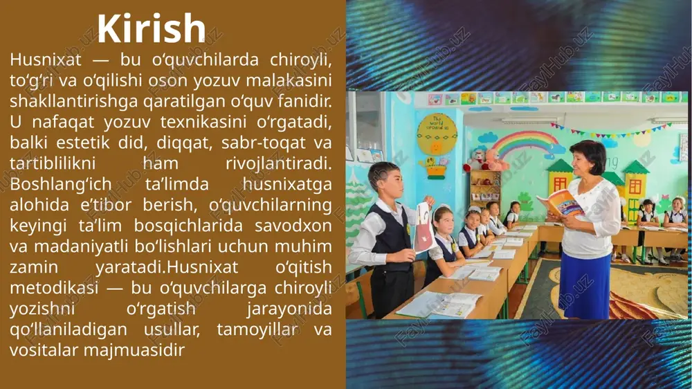ining samaradorligi va natijalarning sifati muhim ahamiyat kasb etadi. husnixat darslarini takomillashtirish orqali o‘quvchilarning chiroyli yozuv malakasini shakllantirish, ularning estetik didini oshirish va milliy madaniyatga hurmatini kuchaytirish mumkin. har bir yo‘nalishda amaliy reja va tahlil berilgan bo‘lib, ularni dars jarayoniga integratsiya qilish orqali natijalarni sezilarli darajada yaxshilash mumkin. o‘quvchilarni chiroyli yozuvga rag‘batlantirish usullari o‘quvchilarni chiroyli yozuvga rag‘batlantirish – husnixat o‘qitishning eng muhim qismi, chunki bu yerda nafaqat texnika, balki motivatsiya va emotsional aloqa muhim. an'anaviy usullarda o‘quvchilar faqat majburiyat his qilishlari mumkin, ammo zamonaviy yondashuvlar ularni o‘z ishlari bilan faxrlantiradi. chuqur tahlil qilganda, rag‘batlantirish o‘quvchilarning ichki motivatsiyasini shakllantirishga asoslanishi kerak: masalan, yaxshi yozuvni ijtimoiy muvaffaqiyat sifatida ko‘rsatish orqali ularning o‘ziga ishonchini oshirish mumkin. o‘qituvchining metodik mahoratini oshirish yo‘llari o‘qituvchining metodik mahoratini oshirish – husnixat o‘qitish takomillashtirishining asosiy kaliti, chunki o‘qituvchi nafaqat bilim beruvchi, balki ilhomlantiruvchi hamdir. bugungi kunda o‘qituvchilarning malakasini oshirishda doimiy o‘qish va amaliy tajriba almashinuvi muhim. bu jarayon …