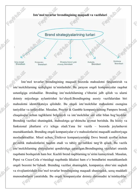 tda ikkalasi ham o‘z brendlarini mustahkamlash orqali bozorni bo‘lishadi. brending vazifasi shuningdek, kompaniya obro‘sini saqlash va rivojlantirishdir.iste’mol tovarlar brendingining maqsadi shuningdek, uzoq muddatli munosabatlarni yaratishda. bu orqali kompaniyalar doimiy daromadni ta’minlaydilar. misol uchun, nestle kompaniyasining kitkat brendi shokolad mahsulotlarini taqdim etadi va reklama orqali iste’molchilarni jalb qiladi. brending vazifalari iste’molchilarning ehtiyojlarini o‘rganish va ularga moslashishni o‘z ichiga oladi.brending maqsadi global bozorda kengayishni ta’minlashdir. masalan, samsung brendi elektronika sohasida global miqyosda tanilgan va bu uning maqsadini ko‘rsatadi. vazifalar orasida innovatsiyalarni brend orqali taqdim etish ham bor. brend yaratish jarayonida marketing strategiyasining ro’li brend yaratish jarayonida marketing strategiyasi markaziy o‘rin egallaydi. bu strategiya brendni rejalashtirish, rivojlantirish va boshqarishni ta’minlaydi. marketing strategiyasi brendning maqsadlarini belgilaydi va resurslarni taqsimlaydi.brend yaratishning birinchi bosqichida marketing strategiyasi bozor tadqiqotlarini o‘tkazadi. bu orqali maqsadli auditoriya va raqiblar o‘rganiladi. masalan, adidas brendi yaratilishida sport bozorini tahlil qilgan va o‘z strategiyasini shunga moslashtirgan. marketing ro’li shu yerda: u brendning asosini …