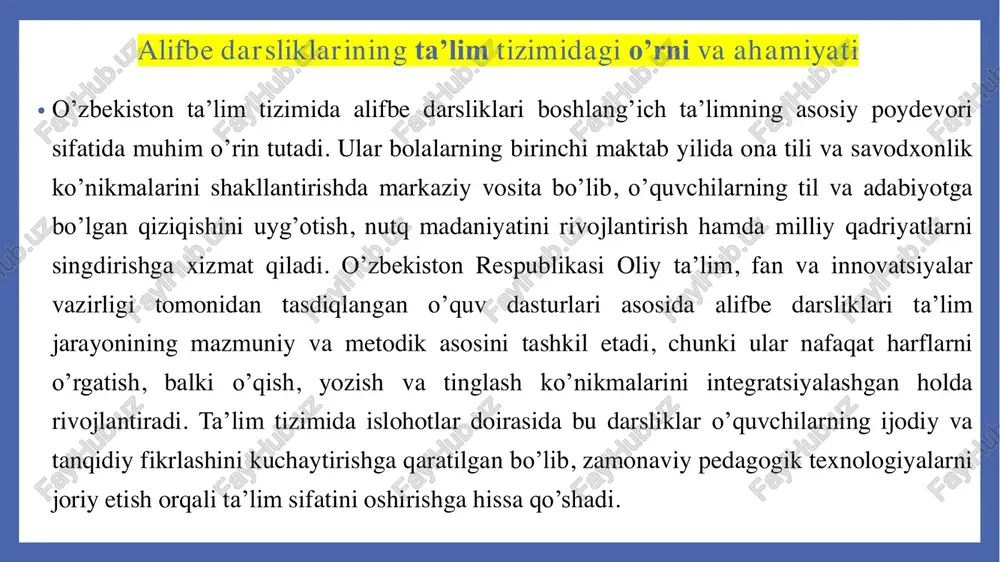 liklari so’nggi yillarning eng muhim innovatsiyasi hisoblanadi. 2022-yilda ishga tushirilgan “maktab.uz” platformasi doirasida elektron darsliklar pdf va mobil ilovalar shaklida taqdim etilmoqda. bu darsliklarda audio, video va animatsiyalar mavjud: masalan, harf ovozi interaktiv ravishda takrorlanadi.elektron versiyalarning afzalligi – moslashuvchanlik: o’quvchi o’z tezligida o’rganadi, baholash tizimi avtomatik. amaliy misol: namangan viloyatidagi maktablarda 2025-yilda elektron darslik joriy etilgach, masofaviy o’qitish samaradorligi 40 foizga oshdi, ayniqsa pandemiya davrida foydali bo’ldi. dalil sifatida, vazirlik ma’lumotlariga ko’ra, 1 milliondan ortiq o’quvchi mobil ilovalar orqali alifboni o’rgangan.at’ning qo’llanilishi vizualizatsiyani kuchaytiradi: 3d modellar orqali harf shakllari ko’rsatiladi. tahlilda ta’kidlanishiki, bu texnologiyalar raqamli savodxonlikni ham rivojlantiradi. biroq, qishloq hududlarida internet muammosi mavjud, shuning uchun gibrid modellar (elektron + chop etilgan) taklif etilmoqda. amaldagi alifbe darsliklarining afzalliklari va kamchiliklari • o’zbekiston respublikasida boshlang’ich ta’lim tizimining asosiy komponentlaridan biri bo’lgan alifbe darsliklari, so’nggi yillarda, xususan 2020–2025-yillarda sezilarli o’zgarishlarga duch keldi. bu davrda ta’lim sohasidagi islohotlar, jumladan, «yangi o’zbekiston ta’lim tizimini …