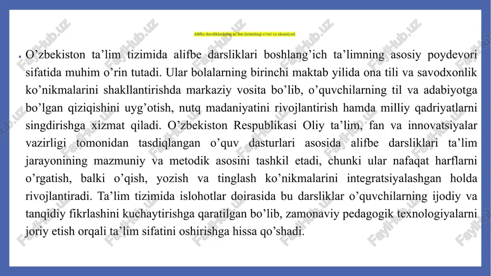 lalar tabiatga hurmatni ham o’rganadi. bu elementlarning integratsiyasi ta’limning g’olibiy tomonlarini ochib beradi. axborot texnologiyalari asosida yaratilgan elektron alifbe darsliklari axborot texnologiyalari (at) asosidagi elektron alifbe darsliklari so’nggi yillarning eng muhim innovatsiyasi hisoblanadi. 2022-yilda ishga tushirilgan “maktab.uz” platformasi doirasida elektron darsliklar pdf va mobil ilovalar shaklida taqdim etilmoqda. bu darsliklarda audio, video va animatsiyalar mavjud: masalan, harf ovozi interaktiv ravishda takrorlanadi.elektron versiyalarning afzalligi – moslashuvchanlik: o’quvchi o’z tezligida o’rganadi, baholash tizimi avtomatik. amaliy misol: namangan viloyatidagi maktablarda 2025-yilda elektron darslik joriy etilgach, masofaviy o’qitish samaradorligi 40 foizga oshdi, ayniqsa pandemiya davrida foydali bo’ldi. dalil sifatida, vazirlik ma’lumotlariga ko’ra, 1 milliondan ortiq o’quvchi mobil ilovalar orqali alifboni o’rgangan.at’ning qo’llanilishi vizualizatsiyani kuchaytiradi: 3d modellar orqali harf shakllari ko’rsatiladi. tahlilda ta’kidlanishiki, bu texnologiyalar raqamli savodxonlikni ham rivojlantiradi. biroq, qishloq hududlarida internet muammosi mavjud, shuning uchun gibrid modellar (elektron + chop etilgan) taklif etilmoqda. amaldagi alifbe darsliklarining afzalliklari va kamchiliklari o’zbekiston respublikasida boshlang’ich ta’lim …
