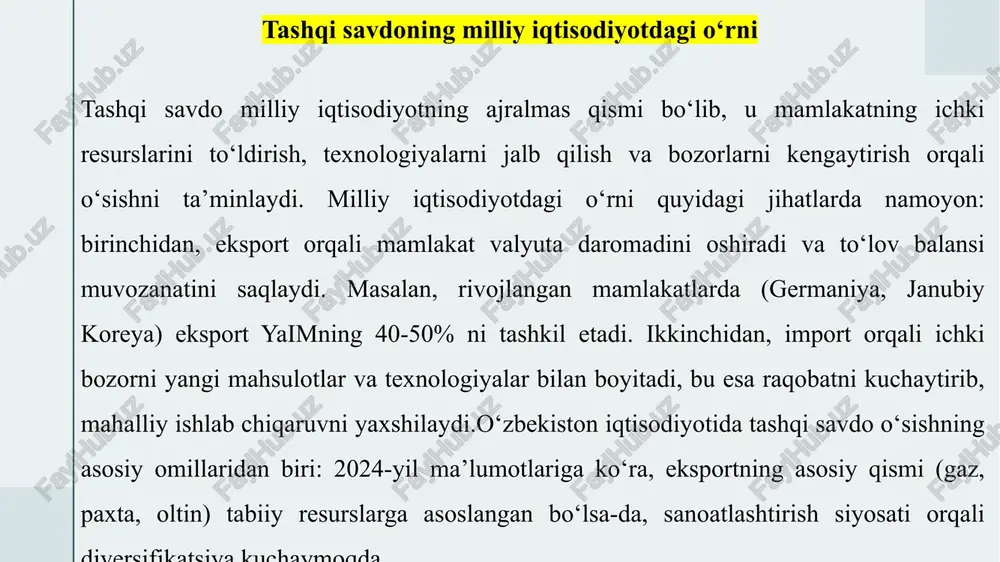 irishni tartibga soladi. tariflar va kvotalar orqali cheklanadi, bu milliy sanoatni himoya qiladi. masalan, braziliyaning import siyosati ichki ishlab chiqarishni rivojlantirdi. 13 valyuta siyosati va tashqi savdo balansini boshqarish valyuta siyosati milliy valyuta kursini boshqarish orqali tashqi savdoga ta’sir qiladi. valyutani devalvatsiya qilish eksportni rag’batlantiradi, revalvatsiya esa importni arzonlashtiradi. masalan, argentining valyuta siyosati savdo balansini yaxshiladi.tashqi savdo balansini boshqarish savdo defitsiti yoki profitsitini nazorat qiladi. davlat bu jarayonda valyuta zaxiralarini boshqaradi. masalan, janubiy koreyaning valyuta siyosati eksportni oshirib, balansni muvozanatlashtirdi.valyuta siyosati tashqi savdo bilan chambarchas bog’liq. davlatning ro’li bu jarayonda markaziy bank orqali namoyon bo’ladi. 14 o‘zbekiston respublikasida tashqi savdoni tartibga solish amaliyoti o‘zbekiston respublikasi mustaqillik yillarida tashqi savdoni tartibga solish va boshqarish sohasida davlatning ro’li doimiy ravishda mustahkamlanib, mamlakat iqtisodiyotini jahon bozoriga integratsiya qilishga qaratilgan strategik yondashuvlarni shakllantirdi. ushbu bobda o‘zbekistonning tashqi savdo siyosatini amalga oshirishning asosiy jihatlari ko‘rib chiqiladi, bunda davlatning boshqaruv mexanizmlari va institutsional tuzilmalari markaziy o‘rin …