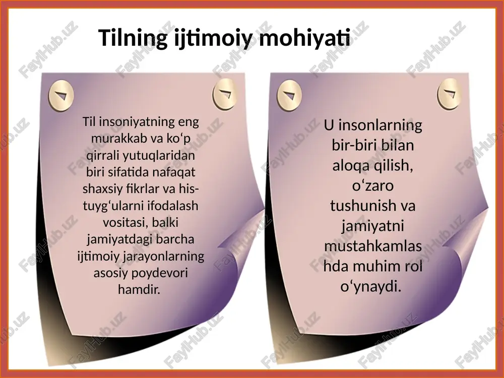 r tilga yangi energiya beradi, davlat tili siyosati esa til madaniyatini mustahkamlaydi. bu jarayonlar birgalikda tilni milliy merosning ajralmas qismiga aylantiradi, jamiyatning madaniy va ijtimoiy taraqqiyotini ta'minlaydi. kelajakda til rivojlanishi jamiyatning faolligi va davlat qo'llab-quvvatlashiga bog'liq bo'lib, u orqali milliy o'ziga xoslik saqlanib, global miqyosda mustahkamlanadi. xulosa foydalanilgan adabiyotlar g‘ulomov a., shirinov sh. “tilshunoslikka kirish”. – toshkent: o‘qituvchi, 2005. mahmudov n., nurmonov a. “til va jamiyat”. – toshkent: fan, 2009. karimov i.a. “yuksak ma’naviyat – yengilmas kuch”. – toshkent: ma’naviyat, 2008. rahmatullayev sh. “hozirgi o‘zbek adabiy tili”. – toshkent: o‘zbekiston, 2010. jo‘rayev m. “o‘zbek tili va uning taraqqiyoti”. – toshkent: o‘qituvchi, 2013. sodiqov m. “til va jamiyat munosabati”. – toshkent: fan va texnologiya, 2015. o‘zbekiston respublikasi “davlat tili to‘g‘risida”gi qonuni (1989, yangilangan tahrir 2020-yil). image1.png image2.png image3.png image4.png image5.png image6.png image7.png image8.png image9.png image10.png image11.png image12.jpeg /docprops/thumbnail.jpeg