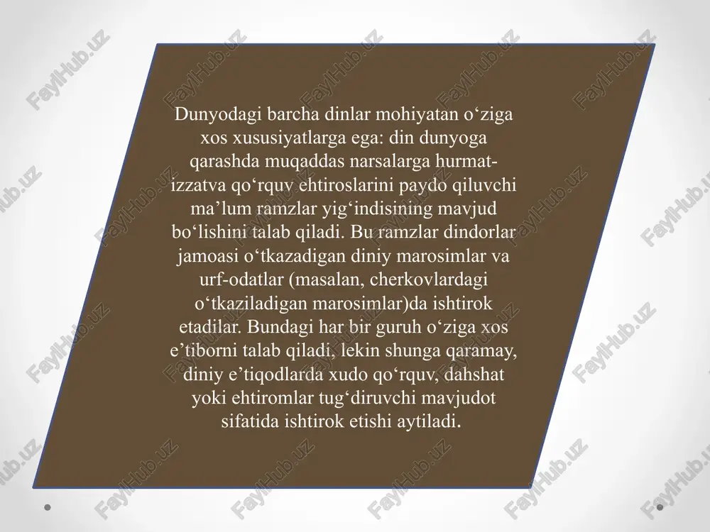 ti yoki ummati dunyoda sodir bo'layotgan voqealardan chetda qololmaydi va bundan ham ko'proq unda dunyoning dolzarb muammolarini intensiv ravishda tushunish mavjud. xxi asr boshlarida xalqaro xavfsizlikka va jahondagi barqarorlikka eng ko‘p tahdid soluvchi turli radikal (ekstremistik) va terrorchilik kuchlari tomonidan “islom fundamentalizmi” shiorlaridan foydalanish hozirgi sharoitda islomga siyosiy ruh berilishining eng keskin ko‘rinishlariga aylanmoqda. jangovar anti-g'arbiyizmning asosiy mafkuraviy manbalari sifatida islom fundamentalizmi va aqidaparastlikni aytib o’tish mumkin. g'arb ularga qarshi qanday kuch ishlatmasin ular kuchayab bormoqda. dinlararo munosabatlarning globallashuvini tahlil qilish o'zaro bog'liq bo'lgan quyidagi jihatlarni ajratib ko'rsatish imkonini berdi: dinlararo munosabatlarning globallashuvi dinning tabiiy rivojlanishi va globallashuv ta'sirining natijasidir. dunyo miqyosida dinlararo munosabatlarning globallashuvi zamonaviy jamiyatning o'ziga xos xususiyati bo'lib, uning ma'naviy sohadagi tendentsiyalari va istiqbollarini aks ettiradi. dinlar davlatlararo va dinlararo munosabatlarda to'liq ishtirok etish uchun diniy ong orqali globallashuv jarayonlariga munosabatini o'zgartirishlari kerak. dinlarning mavjudlik shartlari, dunyoviy qadriyatlarning paydo bo'lishi din taraqqiyotining tabiiy evolyutsion bosqichi dinlararo munosabatlarning …