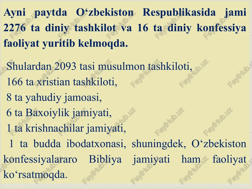 germaniyada 3,5 million, buyuk britaniyada 1,5, italiyada 1 milliondan ortiq musulmonlar yashaydi. evropa ittifoqi bo`yicha jami dinga e’tiqod qiluvchilarning 15 millioni musulmonlardan iborat. hozirgi kunda ularning soni 50 million atrofida.  diniy bag‘rikenglik barcha dinlarning ezgulik g‘oyalariga asoslanishi vijdon erkinligi turli din va konfessiyalarning bir-birlariga o‘zaro hurmat bilan qarashi barcha din vakillarining hamkorligi va hamjihatligi diniy partiyalar tuzishga yo‘l qo‘ymasligi e’tiqod erkinligi turli din va konfessiyalarning teng huquqligi diniy – ma’naviy qadriyatlarni e’zozlash diniy qarashlarni majburan singdirishga yo‘l qo`ymaslik barcha dindorlarning siyosiy jarayonlarda teng, fuqaro sifatida ishtrok etishi  1992-yili vazirlar mahkamasining “o`zbekiston respublikasi vazirlar mahkamasi huzuridagi din ishlari bo‘yicha qo‘mita tashkil etish to‘g‘risida”gi qarori qabul qilindi. vazirlar mahkamasining “bahouddin naqshband tavalludining 675 yilligiga tayyorgarlik ko`rish va uni o‘tkazish haqida”gi qarori qabul qilindi. 1995- y. vazirlar mahkamasining “az-zamaxshariyning 920 yilligi va najmiddin kubroning 850 yilligi o`tkazish” bo`yicha farmoyish chiqdi. 1996- y. toshkentda evangel-xristian cherkovining 100 yilligi nishonlandi. nemis evangel-lyuteranlar cherkovining …