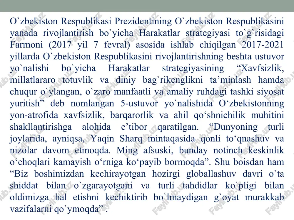 kazo). terrorizmning zamonaviy ko’rinishlari: xalqaro terrorizm. mintaqaviy terrorizm. milliy terrorizm. siyosiy terrorizm. diniy ekstremizm va fundamentalizm. neofashizm (yangi fashizm). narkoterrorizm. bioterrorizm. ijtimoiy terrorizm. kiberterrorizm (kiber-urush) – kompyuter tizimlariga hujum. xalqaro terrorizm. biron-bir davlatdagi terrorchilarning o’z harakatlarini yoki bu davlat hududidan tashqari chiqib, davom ettirishdir. xalqaro terrorizmning o’ziga xos xususiyatlari: 1) terrorchilar ham, jinoyat qurbonlari ham bir davlataga mansub yoki bir necha davlatga tegishli bo‘lishi mumkin, ammo jinoyat shu davlatdan tashqarida sodir etilgan bo‘ladi. 2) terrorchilik harakati xalqaro himoya ostidagi shaxslarga qaratilgan bo‘ladi. 3) terrorchilik harakatlariga tayyorgarlik bir davlatda amalga oshirilib, jinoyatning o‘zi esa ikkinchi davlat hududida sodir etiladi. 4) terrorchilar bir davlat hududida terrorchilik harakatini sodir etib, ikkinchi davlat hududiga o‘tib yashirinishi mumkin (masalan, 2001 yil 11 sentyabrda afg‘onistondagi usoma bin lodin, umarshayx kabi terroristlar keyinchalik pokistonda yashirinishdi va 2010 yil aqshning raketa hujumidan halok bo‘ldi). diniy ekstremizmni keltirib chiqaradigan ijtimoiy-siyosiy omillar islom ekstremizmining ajralib turadigan ikki xususiyati go‘yoki barcha …