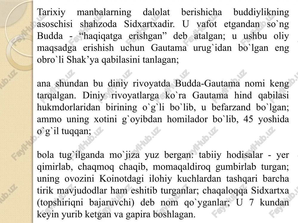 lish yo‘li mavjud». bu yo‘l – «sakkizta narsaga amal qilish, to‘g‘ri tushunish, to‘g‘ri harakat qilish, to‘g‘ri muomalada bo‘lish, fikrni to‘g‘ri jamlash». buddaviylikning maxayana yo‘nalishi xitoyga milodning 1-asrida kirib kelgan. mil. iii–vi asrlarda buddaviylik xitoy hududida keng tarqaldi. bu vaqtda poytaxt yaqinidagi loyana hamda chanani kabi shaharlarda 180 ga yaqin budda ibodatxonalari hamda diniy markazlar faoliyat yuritgan. maxayananing shakllanishida kushon davlatining roli katta bo‘lgan. kushon davlatidan buddaviylikning maxayana yo‘nalishi sharqda, markaziy osiyoning davlat va shaharlariga tarqala boshladi. buyuk ipak yo‘li orqali birinchi buddaviylik targ‘ibotchilari mil. av. ii asrdayoq xitoyga kelgan. buddaviylik miloddan avvalgi 1-ming yillik oxirlarida shri-lanka, o‘rta osiyo, markaziy osiyo hamda old osiyoni o‘z ichiga olgan kushon imperiyasiga kirib keldi. bizning diyorimizda olib borilgan arxeologik qazilmalar asnosida o‘ratepa, dalvarzintepa, quva, zartepa, qorovultepa, ayritom mavzelaridan topilgan shakyamuni sanamlari, hayvon haykalchalari, ramziy g‘ildiraklar va stupa qoldiqlarining guvohlik berishicha, kushon imperiyasida buddaviylikka katta ahamiyat berilgan. buddaviylik: milodning i asrida xitoy, iv asrda koreya, …
