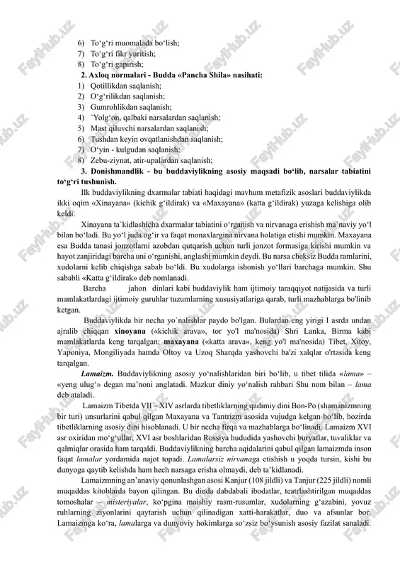 kundan boshlab budda o‘z shogirdlari bilan qishloqma-qishloq yurib o‘z ta`limotni tarqatib o‘ziga yangi izdoshlar orttiradi. budda 40 yil davomida o‘z ta`limotini hindistonning turli joylariga etkazadi va 80 yoshida kushtnagara degan joyda dunyodan o‘tdi. uning jasadi hind udumiga ko‘ra u erda kuydirilib, uning xoki 8 ta budda jamoalariga bo‘lib yuborildi va har bir jamoa uni dafn etgan joyida ibodatxona barpo etdi. buddaning hayoti haqida turli afsonalar ham to‘qilgan. bu afsonalarda aytilishicha, budda ko‘p yillar davomida er yuzidagi turli mavjudotlar qiyofasida qayta tug‘ilgan: 84 marta ruhoniy, 58 marta podshoh, 24 marta rohib, 13 marta savdogar, 18 marta maymun, 12 marta tovuq, 8 marta g‘oz, 6 marta fil shuningdek baliq, qurbaqa, kalamush, quyon kabi qiyofalarda qayta tug‘ilgan. jami 550 marta qayta tug‘ilgan. u doimo qaerda, qay qiyofada tug‘ilishini o‘ziga o‘zi belgilagan. so‘nggi marta uni xudolar insoniyatni to‘g‘ri yo‘lga boshlashi uchun inson qiyofasida yaratganlar. bu afsonalarning ba`zilariga ko‘ra er yuzida gautamaga qadar 6 ta …