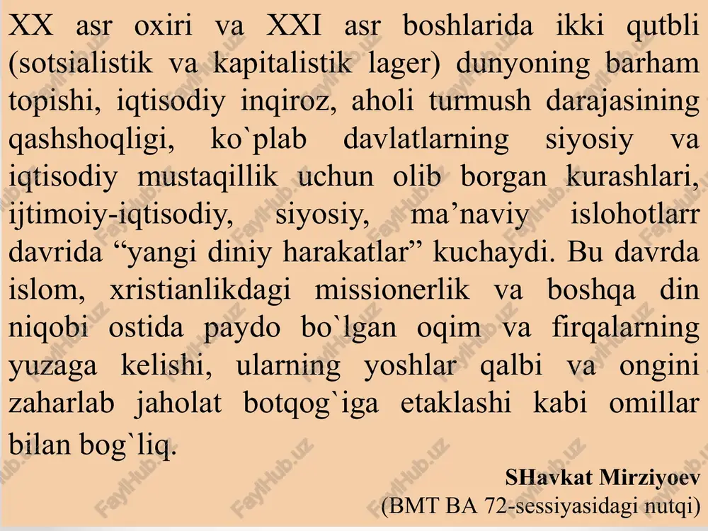m inqilobidan so’ng bu ta’limotning o’nlab rahnamolari qatl etildi. bahoiylar osiyoning ba’zi mamlakatlarida ham bor. ularning ko’pchiligi yevropa va amerikada. asosiy markazlari germaniya, aqsh, panamada. markaziy qarorgohi xayfa (isroil) shahrida. o’zbekistonda bahoiylarning ro’yxatdan o’tgan 3 ta jamoasi bor (1998). ular toshkent, samarqand, navoiy shaharlaridadir. o’z an’anaviy bayramlarini o’tkazadilar. xayfa shahriga ziyoratga borib turadi. vahhobiylik – xviii asr o‘rtalarida arabiston yarim orolining markaziy qismi najd viloyatida islom dinining sunniylik yo‘nalishidagi hanbaliya mazhabi ta’limoti asosida paydo bo`lgan. uning asoschisi muhammad ibn abdulvahhob (1703-1791) hisoblanadi. vahhobiylik “muqaddas qadamjo”larga ziyorat etishni rad qilib, tasavvufni tan olmaydi. suratga tushish, marhumlar ruhiga tilovatlar o‘qish, xayr ehson qilish taqiqlangan. bu oqim, umuman ma’naviy madaniyat taraqqiyotiga qarshi bo‘lgan. vahhobiylar makka va madinani 1788 yilda egallab, tarixiy obidalar, sahobalar dafn etilgan joylarni yakson etgan. abdulvahhob payg‘ambarlikni da’vo qilgan. xviii asr oxiri va xix asr birinchi choragida vahhobiylar tarafdorlari batamom qirib tashlangan. o‘zbekistonning mustaqillik yillarida vahhobiylar diniy-siyosiy oqim sifatida islom …