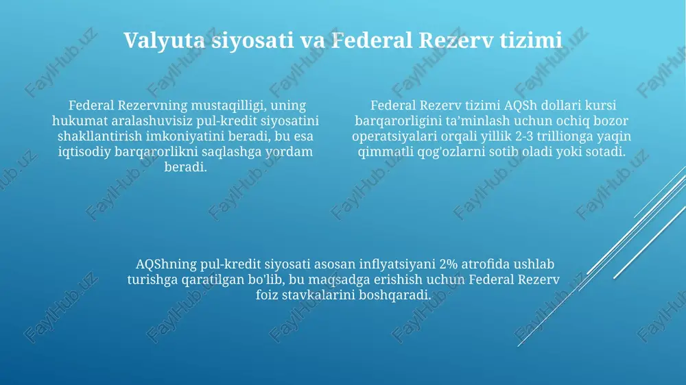 keng qo'llaniladi, bu uning global iqtisodiyotdagi muhim rolini va 60% dan ortiq jahon valyuta zahiralarida mavjudligini bildiradi. aqshning pul tizimining kuchli va zaif tomonlari aqshning pul tizimi yuqori darajadagi texnologiyalar va innovatsiyalarga ega bo'lib, 2023 yil holatiga ko'ra, elektron to'lovlarning ulushi 60% dan oshadi, biroq kriptovalyutalar kabi yangi vositalarni tartibga solish masalasi hali ham dolzarb bo'lib qolmoqda. aqshning pul tizimi jahon valyutasi bo'lgan dollarga asoslangan bo'lib, bu uning global savdo va moliyaviy operatsiyalarda ustunlikka ega bo'lishini ta'minlaydi, ammo shu bilan birga valyuta kursining o'zgaruvchanligi xavfini ham tug'diradi. aqshning pul-kredit siyosatini federal rezerv tizimi (frs) amalga oshiradi, uning asosiy vositalari federal fondlar stavkasi va obligatsiyalar bozoridagi operatsiyalar bo'lib, inflyatsiya nazorati bilan iqtisodiy o'sish o'rtasida muvozanatni saqlash muhim vazifani tashkil etadi. kelajakdagi istiqbollar va yangi trendlar kelajakda, markaziy banklar tomonidan chiqarilgan raqamli valyutalar (cbdc)ning keng tarqalishi, aqsh pul tizimining samaradorligini 20-30% ga oshirishi mumkin. jahon iqtisodiyotining globalizatsiyasi va elektron tijoratning rivojlanishi, transchegaraviy …