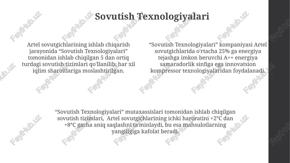 chlar assortimenti 100 dan ortiq turdagi modellarni o'z ichiga oladi, ularning har biri turli xil texnologiyalar va energiya tejash koeffitsienti bilan ajralib turadi. kompaniya sovutgichlarni ishlab chiqarishda zamonaviy texnologiyalar va sifatli materiallarni qo'llaydi, bu esa mahsulotning uzoq muddatli ishlashini va ishonchliligini ta'minlaydi. artel sovutgichlari ishlab chiqarishini 1998-yilda boshlagan va hozirgi kunda yiliga 500 mingdan ortiq sovutgich ishlab chiqaradi, bu esa mintaqadagi etakchi o'rinni egallaydi. artelning ijtimoiy mas'uliyati artel ishchilari uchun oʻqitish va malaka oshirish dasturlari orqali 30% dan ortiq xodimlar oʻz bilimlarini oshirdi, bu esa mehnat unumdorligini va professional rivojlanishni ta’minlaydi. artelning "sogʻlom avlod" dasturi doirasida 5000 dan ziyod bolalarga bepul tibbiy koʻrik oʻtkazildi va 2000 dan ortiq ehtiyojmand oilaga yordam berildi. artel 2021-yilda 100 000 dan ortiq daraxt ekib, ekologik muhitni yaxshilashga hissa qoʻshdi, bu esa korxona ijtimoiy mas’uliyatining yaqqol namoyonidir. bozor ulushi va strategiyasi artelning strategiyasi sifatli mahsulotlarni ishlab chiqarish, raqobatbardosh narx siyosati va keng tarmoqli savdo kanallaridan …