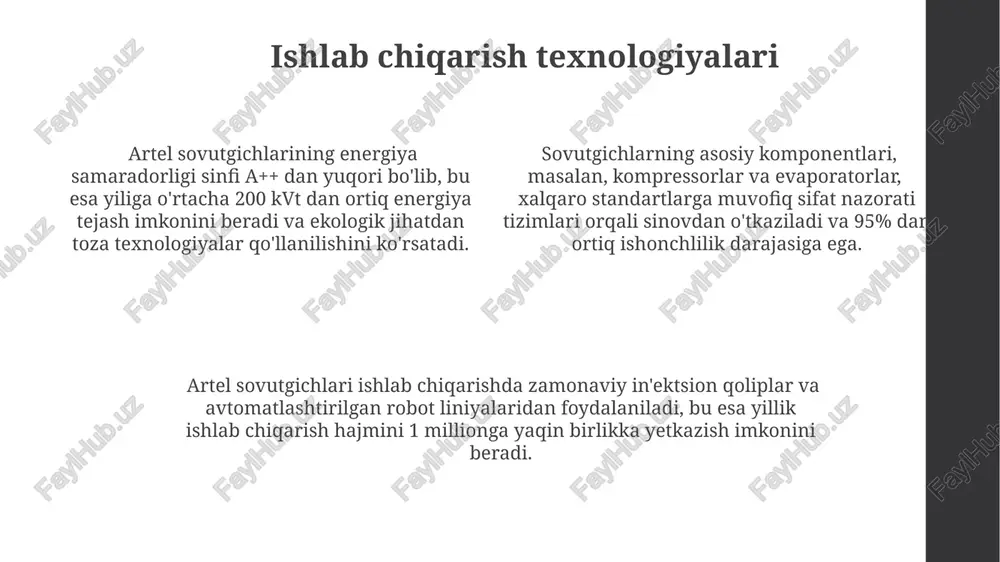 soblanadi. kompaniya faoliyatining dastlabki yillarida asosan import qilingan komponentlardan foydalangan bo'lsa, hozirgi kunda mahalliylashtirish darajasi 80% dan oshib, o'zining zamonaviy texnologiyalarga asoslangan ishlab chiqarish liniyalariga ega. artel sovutgichlari jahon bozorida ham o'z o'rnini topib, 20 dan ortiq mamlakatga eksport qilinadi va energiya tejash samaradorligi bo'yicha a+ va undan yuqori sinf standartlariga javob beradi. kafolat va servis xizmati mijozlar qo'llab-quvvatlash xizmati 24/7 rejimida ishlaydi va telefon orqali texnik maslahatlar, zahira buyumlar yetkazib berish kabi xizmatlarni taklif etadi. artelning servis markazlari respublika bo'ylab 100 dan ortiq shaharda joylashgan bo'lib, tezkor va sifatli xizmat ko'rsatishni ta'minlaydi. artel muzlatgichlari uchun 12 oylik kafolat muddati beriladi va bu davr mobaynida har qanday ishlab chiqarish nuqsonlari bepul tuzatiladi. sifat va ishonchlilik artel muzlatgichlari 10 yildan ortiq vaqtdan beri ishonchli ishlashi bilan tanilgan bo'lib, tamirlash chastotasi atigi 2% ni tashkil etadi. energiya tejovchi texnologiyalar tufayli artel muzlatgichlari yillik energiya sarfini 30% gacha kamaytiradi, bu esa sizning byudjetingizga …