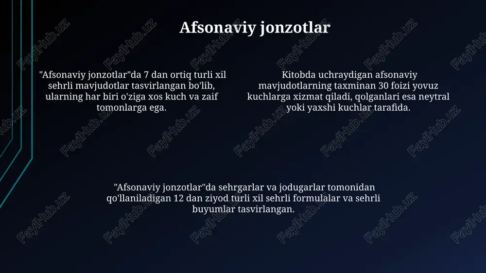nlaridan himoya qilish, qiyin vaziyatlardan chiqish yo'llarini topish va "muqaddas qilich" kabi muhim artefaktlarni topishda yordam bergan. merlinning roli artur shohning hayotining dastlabki 15 yilida, uning tarbiyasi va shohlikka tayyorgarligida muhim ahamiyat kasb etgan, sehr-jodu va siyosatni muvozanatlashiga yordam bergan. qal'a va janglar “qal’a va janglar”da 12 dan ortiq turli qal’a va istehkomlar tasvirlangan boʻlib, ularning har biri oʻziga xos me’moriy uslub va mudofaa tizimiga ega. kitobda 50 dan ziyod katta va kichik janglar, shuningdek, qamal va hujumlar tasvirlangan, ular harbiy strategiya va taktika jihatidan tahlil qilinishi mumkin. “qal’a va janglar”da qilichbozlik, kamonchilik va otliq jang kabi 3 ta asosiy jang usullari batafsil bayon etilgan, har biri uchun maxsus texnikalar va jihozlar tasvirlangan. e'tiboringiz uchun rahmat @taqdimot_robot