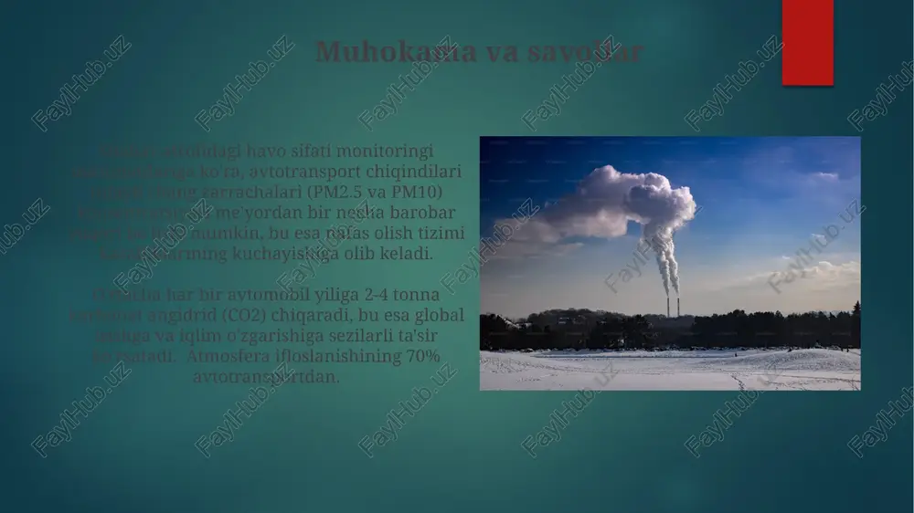 jimida baholash imkonini beradi, bunda nox, co va pm2.5 kabi 5 tadan ortiq kirlovchi moddalar o'lchanadi. transport vositalarining chiqindilari tarkibi dizel yoqilgʻisi bilan ishlaydigan transport vositalarining chiqindilari benzindan foydalanadigan transport vositalariga qaraganda ancha yuqori darajada zarracha moddalar (pm), poliaromatik uglevodorodlar (pah) va kuyimli oltingugurt oksidlari (sox) ni o'z ichiga oladi, bu esa inson salomatligiga salbiy ta'sir ko'rsatadi. transport vositalarining chiqindilari tarkibiga asosan uglerod oksidi (co) 2-10%, uglerod dioksidi (co2) 10-15%, azot oksidlari (nox) 0.1-1% va turli xil uglevodorodlar kiradi, ularning miqdori yoqilgʻi turiga va dvigatelning texnik holatiga bogʻliq. transport vositalarining ifloslanishiga kirish transport vositalarining chiqindilari atmosfera ifloslanishining 70% gacha sabab bo'ladi, bu esa pm2.5 va nox kabi zararli ifloslantiruvchi moddalar miqdorining ko'payishiga olib keladi. yo'l transporti avtomobillar, avtobuslar va yuk mashinalari kabi turli xil vositalarni o'z ichiga oladi va ularning har biri turli xil ifloslantiruvchi moddalarni, masalan, co2, co va hc ni chiqaradi. transport siyosati va qoidalari transport siyosatidagi ekologik …