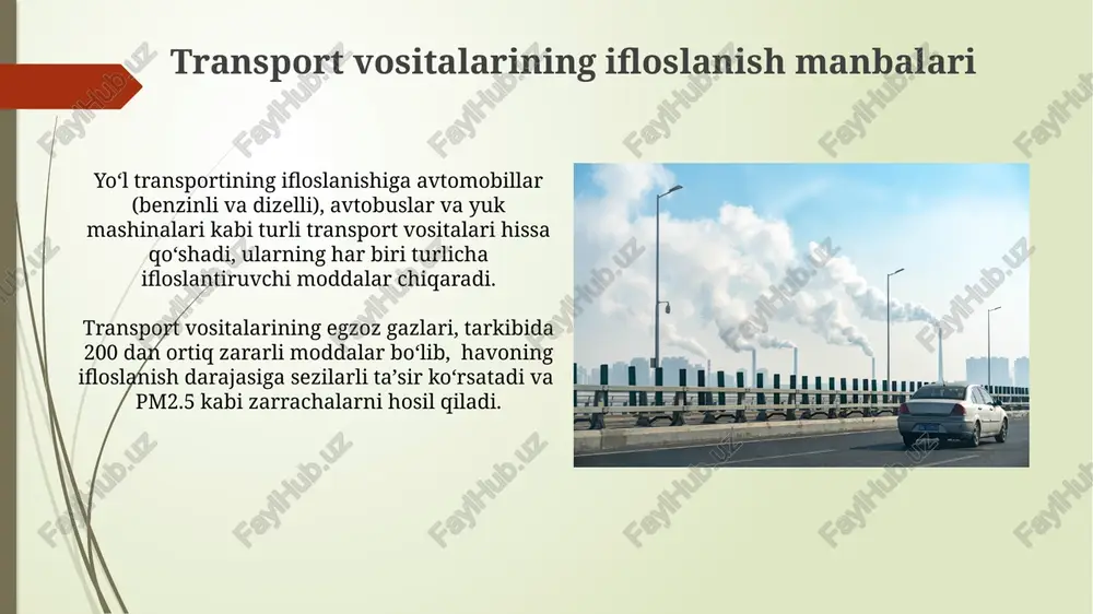 ga 15% gacha iqtisodiyotga zarar keltiradi, bu esa ishlab chiqarish va xizmat ko'rsatish sohalariga salbiy ta'sir ko'rsatadi. avtomobil yonilg'isiga soliqlar va jarimalar orqali yig'ilgan mablag'larning atigi 20% ekologik dasturlarga yo'naltirilmoqda, qolgan 80% boshqa maqsadlarga sarflanadi. turli transport vositalarining chiqindilari avtotransport vositalarining chiqindilari, umumiy transport emissiyalarining 70% dan ortig'ini tashkil qilib, havoga zararli moddalar, jumladan, co2, nox va pm2.5 ning katta qismini chiqaradi. yuk mashinalari va og'ir transport vositalari, nisbatan kam son bo'lishiga qaramasdan, umumiy transport ifloslanishining 20% gacha ulushini tashkil etib, azot oksidlari va zarrachalar ifloslanishining asosiy manbai hisoblanadi. trafik zichligi va ifloslanish darajasi o'rtasidagi bog'liqlik shaharlararo yo'llarda transport zichligi kam bo'lsa-da, yuk mashinalarining yuqori chiqindilari tufayli umumiy ifloslanish darajasi 5-7% ga yuqori bo'lishi mumkin. avtotransport zichligi 10% ga oshganda, havo ifloslanishi darajasi nox va pm2.5 kabi zararli moddalar bo'yicha 15-20% ga ko'tarilishi kuzatilgan. kelajakdagi tadqiqotlar yo'nalishlari kelajakdagi tadqiqotlar yo'nalishlaridan biri – shahar transportining 50% dan ortiq qismini tashkil etayotgan …