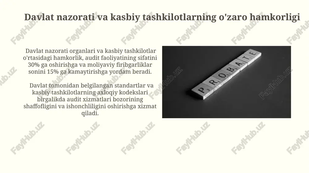 ga oshirish orqali audit xizmatlari bozorida ta'sirini kuchaytirish istiqbollari mavjud. raqamli texnologiyalarni jadal qo‘llash orqali, masalan, blockchain texnologiyasi yordamida, audit jarayonlarini shaffoflashtirish va samaradorligini 15% ga oshirish mumkin. zamonaviy texnologiyalar va audit faoliyati katta ma'lumotlar (big data) tahlili audit firmalariga 100,000 dan ortiq operatsiyalarni analiz qilish, anomaliyalarni aniqlash va firibgarlik xavfini oldini olishga imkon beradi. blockchain texnologiyasi audit jarayonlarini shaffoflashtiradi, ma'lumotlarning buzilmasligini ta'minlaydi va operatsiyalarni kuzatish imkoniyatini 99% gacha oshiradi. auditorslarni sertifikatlash va malaka oshirish malaka oshirish kurslari auditorlarga yangi standartlar, texnologiyalar va qonunchilik o'zgarishlari, masalan, xalqaro moliyaviy hisobot standartlari (ifrs) bo'yicha bilimlarini yangilab turish imkonini beradi. auditorlarni sertifikatlash jarayoni, odatda, nazorat testlari va amaliy tajriba talablarini o'z ichiga oladi, bu esa kamida 3 yillik audit sohasidagi ishlash tajribasini nazarda tutadi. e'tiboringiz uchun rahmat @taqdimot_robot image2.jpg image3.jpg image4.jpg image5.jpg image6.jpg image7.jpg image8.jpg image9.jpg image10.jpg image11.jpg image12.jpg image13.jpg image14.jpg image15.jpg image16.jpg image17.jpg image18.jpg