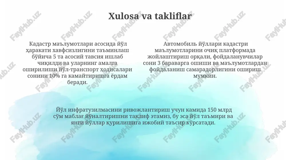 uzunligi, kengligi, yotqizilgan yuzaning turi, texnik holati va boshqa 10 dan ortiq ko'rsatkichlar aniq ko'rsatiladi va muntazam yangilanib turiladi. davlat kadastri ma'lumotlari yo'l qurilishi, ta'mirlash, ekspluatatsiya qilish va boshqarish, shuningdek, 200 dan ortiq davlat dasturlari va loyihalarini amalga oshirishda muhim ahamiyatga ega. avtomobil yo'llari davlat kadastri – bu yo'l tarmog'ining 1:5000 yoki undan katta masshtabdagi xaritalar, elektron ma'lumotlar bazalari va boshqa hujjatlar orqali aniq va to'liq aks ettirilgan hududiy ma'lumotlar bazasi hisoblanadi. kadastr ma'lumotlarining aniqligi va ishonchliligi ma’lumotlar bazasining ishonchliligi muntazam ravishda 3 oyda bir marta yangilanib turiladigan va kamida 1000 ta yo’l uchastkasi to’g’risidagi ma’lumotlarni o’z ichiga oladigan avtomatlashtirilgan tekshiruv tizimi orqali ta’minlanadi. kadastrda ko’rsatilgan yo’l uzunliklari gps texnologiyalari orqali olingan ma’lumotlar bilan taqqoslanib, 0.5% dan oshmaydigan xatolik chegarasi bilan tasdiqlanadi. kadastr ma’lumotlarining aniqligi yo’l tarmoqlarining geometrik xususiyatlarini 95% gacha aniq aks ettirishini ta’minlaydi, bu esa yo’l loyihalash va boshqaruvda xatolarni kamaytirishga yordam beradi. ma'lumotlar bazasini tashkil etish va …