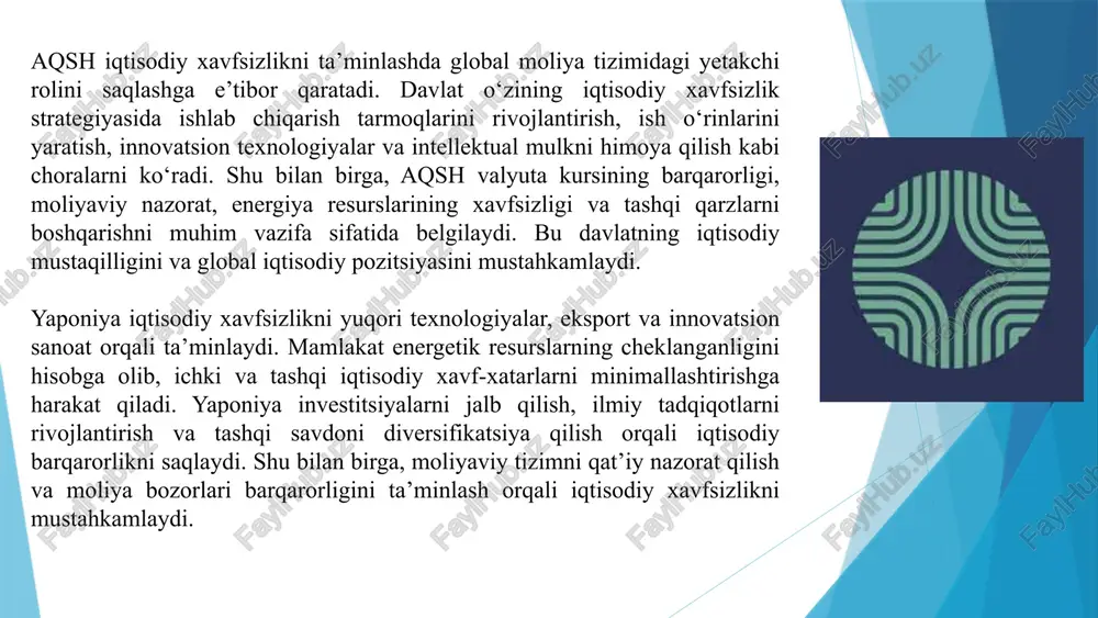 bu tur ichki tahdidlar — moliyaviy firibgarlik, xodimlar faoliyati va tashqi tahdidlar — raqobatchilar bosimi, bozor o‘zgarishlari kabi xavflardan himoyani o‘z ichiga oladi. 3. iqtisodiy xavfsizlikka tahdidlar iqtisodiy xavfsizlikka tahdidlar ichki va tashqi xarakterga ega bo‘lishi mumkin, ularning har biri iqtisodiyotga salbiy ta’sir ko‘rsatadi. ichki tahdidlar korrupsiya va shaffoflikning yetishmasligi soliqdan qochish va iqtisodiy jinoyatlar asoslanmagan monopoliyalarning kengayishi va raqobatning sustlashishi iqtisodiyotni “soyalashtirish” va norasmiy sektorning ortishi tashqi tahdidlar global iqtisodiy inqirozlar va kutilmagan shoklar xalqaro sanksiyalar va savdo cheklovlari xorijiy kompaniyalarning bozorni kutilmaganda tark etishi milliy valyuta kursiga xalqaro spekulyativ hujumlar geosiyosiy xavflar qo‘shni hududlardagi siyosiy beqarorlik tranzit va savdo yo‘llarining to‘silishi giyohvand moddalar va noqonuniy savdo xavfi 8 iqtisodiy xavfsizlikka tahdidlar – bu davlat, korxona yoki shaxsning moliyaviy barqarorligiga zarar yetkazishi mumkin bo‘lgan ichki va tashqi omillar to‘plamidir. ular turli shakllarda namoyon bo‘lishi mumkin va iqtisodiy barqarorlikni zaiflashtiradi. ichki tahdidlar tarkibiga iqtisodiy jinoyatlar, korrupsiya, moliyaviy firibgarlik, byudjet va …