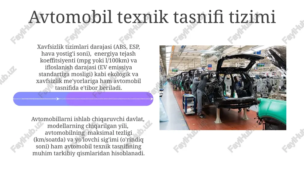 tirish va filtrlarni tozalash kabi amallarni muntazam bajarish muhim hisoblanadi. avtomobillarni ta'mirlash va texnik xizmat ko'rsatish jarayonida o'rtacha 15-20% hollarda elektr tizimlariga oid muammolar aniqlanadi, bu esa diagnostika uskunalari va malakali mutaxassislarni talab qiladi. elektr jihozlari elektr jihozlari diagnostikasi obd-ii (on-board diagnostics ii) tizimi orqali amalga oshiriladi, bu esa xato kodlarini aniqlash va muammolarni bartaraf etishga yordam beradi. zamonaviy avtomobillar o'rtacha 70 dan ortiq elektr jihozlariga ega bo'lib, ulardan ba'zilari asosiy funksiyalarni, masalan, yoritish va dvigatelni boshqarishni ta'minlaydi. tormoz tizimlari abs (anti-lock braking system) tizimi g'ildiraklarning qulflanishiga yo'l qo'ymaslik uchun sekundiga 15 dan ortiq tormoz bosimini nazorat qilib, tormoz masofasini qisqartiradi. tormoz tizimlarining samaradorligi, yo'l sirtiga va tezlikka bog'liq bo'lib, 0,4-0,6g oralig'ida sekinlashish tezlashuvini ta'minlashi kerak. e'tiboringiz uchun rahmat @taqdimot_robot image4.jpg image5.jpg image6.jpg image7.jpg image8.jpg image9.jpg image10.jpg image11.jpg image12.jpg image13.jpg image14.jpg image15.jpg image16.jpg image17.jpg image18.jpg image19.jpg image20.jpg image1.jpeg image2.jpeg image3.jpeg
