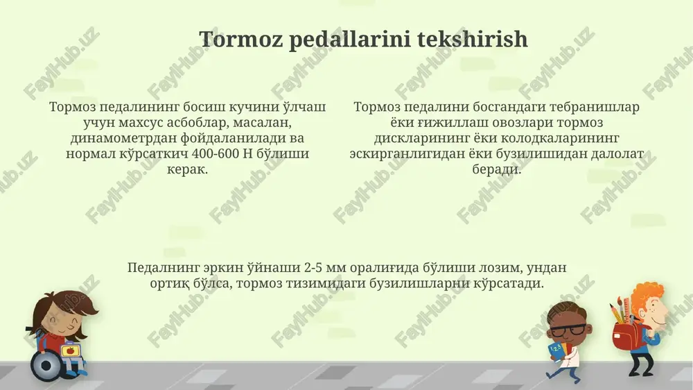 i tozalash uchun maxsus kompressor va 5-10 atm bosimdagi havodan foydalanish tavsiya etiladi, bu eski suyuqlik va kirlarni samarali tozalashga yordam beradi. tormoz trubkalarining ichki diametri 4-6 mm bo'lishi kerak va ulardagi ifloslangan suyuqlik tormoz tizimining samaradorligini 15-20% ga pasaytirishi mumkin. tormoz tizimining tarkibiy qismlari barabanli tormozlarda baraban, kolonkalar, tormoz poyabzallari va regulyatorlar mavjud bo'lib, ularning ishlash muddati taxminan 50 000 km gacha yetishi mumkin. tormoz tizimining asosiy tarkibiy qismlariga gidravlik suyuqligi, 4 ta asosiy g'ildirak silindrlari, bosh silindr va vakuum kuchaytirgich kiradi. ularning har biri avtomobilning to'xtash qobiliyatida muhim rol o'ynaydi. disk tormozlari disk, kaliper, tormoz plastinkalari va ularni boshqaradigan gidravlik mexanizmlaridan iborat bo'lib, yuqori samaradorlik va tezkor tormozlashni ta'minlaydi. xavfsizlik choralari va tavsiyalar ish jarayonida himoya ko'zoynagi va qo'lqopdan foydalaning, chunki tormoz suyuqligi teri va ko'zga ta'sir qiladi. tormoz tizimini bosim ostida tozalashda 2-3 atmosferadan ortiq bosimdan foydalanmang, aks holda tizim shikastlanishi mumkin. tormoz tizimini tozalashda 10-15 daqiqadan …