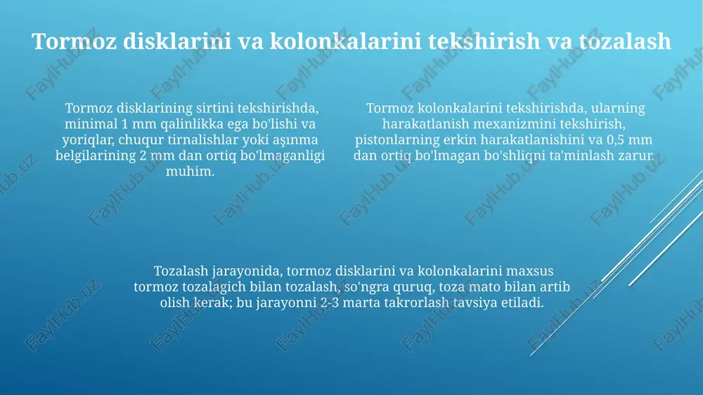 qlaydi. abs modulining ichki o'tkazuvchanligini tekshirish uchun multimetr yordamida 5 dan 15 ohm oralig'idagi qarshilikni o'lchash kerak, qiymat chegaradan tashqarida bo'lsa, bu modulning shikastlanishiga dalolat beradi. abs g'ildirak tezlik sensori signallarini osiloskop yordamida tekshirish mumkin, to'lqin shaklining anormalligi yoki yo'qligi sensorda yoki simlarda muammo borligini ko'rsatadi, bu esa 10-20 v diapazonida bo'lishi kerak. tormoz trubkalarini tekshirish va ta'mirlash tormoz tizimidagi trubkalarning butunligini tekshirish uchun sizishlarni aniqlashga mo'ljallangan maxsus suyuqlik va bosim ostida tekshirish usullaridan foydalaniladi. bu, 20% gacha sizishni aniqlash imkonini beradi. tormoz trubkalarini tekshirishda vizual tekshiruvdan tashqari, bosimni tekshirish va sinash uskunalari yordamida ham tekshirish muhim ahamiyatga ega. bu 10-15 atmosfera bosimda amalga oshirilishi kerak. tormoz trubkalarining diametri 5-8 mm bo'lishi kerak va ularning ichki yuzasidagi zanglashlar yoki deformatsiyalar tormoz tizimining samaradorligiga salbiy ta'sir ko'rsatishi mumkin, shuning uchun bu nuqtalarni tekshirish zarur. vakuum kuchaytirgichini tekshirish vakuum kuchaytirgichdagi vakuum shlanglarining yaxlitligini tekshirishda, ularning yoriqlar, yorilishlar va birikmalarining mahkamligini ko'rish kerak. …