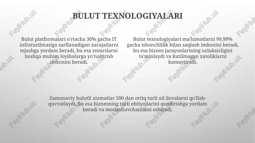 moqlar, onlayn xaridlar va boshqa xizmatlardan foydalanmoqda. mobil tarmoqlarda 3g, 4g va 5g texnologiyalarining rivojlanishi natijasida ma'lumot uzatish tezligi o'nlab yillar ichida millionlab marta oshdi, bu esa foydalanuvchilarga kengroq imkoniyatlar yaratdi. mobil aloqa texnologiyalari 4g va 5g standartlarini qo'llab-quvvatlaydi, bu esa ma'lumot uzatish tezligini 1 gbps dan oshiradi va past kechikish bilan yuqori sifatli video va ovozli qo'ng'iroqlarni ta'minlaydi. kiberxavfsizlik va uning ahamiyati ma'lumotlarning 90% dan ko'prog'i bulutli xizmatlar orqali saqlanadi, shu sababli bulutli infratuzilmani himoya qilish va ma'lumotlarni shifrlash kiberxavfsizlikning asosiy jihatlaridan biri hisoblanadi. kiberhujumlarning 70% dan ortig'i oddiy inson omili xatolaridan kelib chiqadi, shuning uchun xodimlarni o'qitish va xabardor qilish kiberxavfsizlik strategiyasining muhim qismidir. kiberxavfsizlikning 2023-yilda global iqtisodiyotga taxminan 6 trillion dollar zarar yetkazishi taxmin qilinmoqda, bu esa kuchli himoya tizimlarini yaratishning ahamiyatini oshiradi. sun'iy intellekt va mashina o'rganishi sun'iy neyron tarmoqlari (ann) kabi texnologiyalar 50 dan ortiq qatlamli murakkab arxitekturani qo'llab-quvvatlab, murakkab muammolarni hal qilish imkoniyatini beradi. …