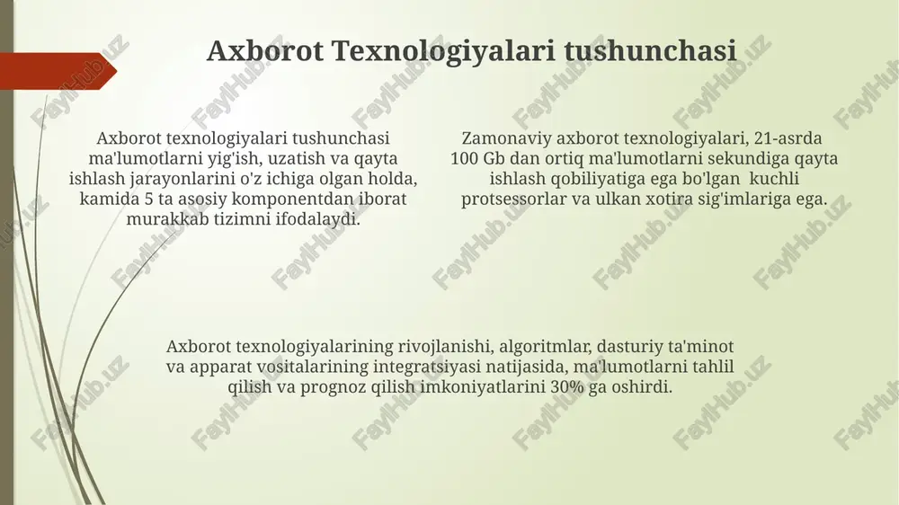 i yig'ish usullari ma'lumotlarni yig'ishning zamonaviy usullaridan biri – sensorlar tarmog'i orqali 1000 dan ortiq real vaqt rejimidagi ma'lumotlarni to'plash bo'lib, bu esa katta hajmdagi ma'lumotlar tahlili (big data) imkoniyatlarini beradi. so'rovnomalar orqali ma'lumot yig'ishda, 5-ball shkalasi yordamida sifatli va miqdoriy ma'lumotlarni olish mumkin, bu esa natijalarni aniq va ishonchli tahlil qilish imkoniyatini beradi. web-scraping texnologiyasi yordamida 300 ga yaqin veb-saytlardan avtomatlashtirilgan ravishda ma'lumotlarni yig'ish mumkin, bu esa vaqtni tejash va ma'lumotlar bazasini tezkor ravishda yangilab turish imkoniyatini beradi. apparat vositalari va ularning ahamiyati zamonaviy apparat vositalari, jumladan, bulutli texnologiyalar va katta hajmdagi ma'lumotlarni (big data) qayta ishlash tizimlari, korxonalarning raqobatbardoshligini 20% gacha oshirishga yordam beradi. sensorlar, iot qurilmalari kabi apparat vositalari yordamida 1 millionlab ma'lumotlarni to'plash va tahlil qilish mumkin bo'lib, bu esa biznes qarorlarini qabul qilishni yaxshilaydi. axborot texnologiyalari apparat vositalari, masalan, kompyuterlar, serverlar va tarmoq jihozlari, ma'lumotlarni 1000x tezlikda qayta ishlash va uzatish imkonini beradi, bu esa …