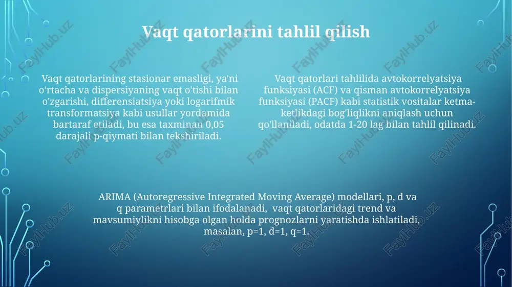 tiq mustaqil guruhning o'rtacha darajalarini taqqoslash uchun ishlatiladi va p qiymati 0.05 dan kam bo'lsa, nol gipotezani rad etamiz. parametrsiz testlar, normal taqsimot shartiga bog'liq bo'lmagan ma'lumotlarni tahlil qilish uchun ishlatiladi va 5 dan ortiq kichik guruhlarni taqqoslashda man-uittniy u testi qo'llanilishi mumkin. spearman korrelyasiyasi parametrik bo'lmagan usul bo'lib, ikkita o'zgaruvchi o'rtasidagi monoton bog'liqlikni o'lchaydi va -1 dan +1 gacha bo'lgan koeffitsientni beradi. dispersiya tahlili (anova) ikki yo'nalishli anova ikkita mustaqil o'zgaruvchining bog'liq o'zgaruvchiga ta'sirini, va ularning o'zaro ta'sirini tekshiradi. masalan, 2 turdagi o'g'it va 2 turdagi sug'orish usullarining hosilga ta'siri. bir yo'nalishli anova bitta mustaqil o'zgaruvchining bog'liq o'zgaruvchiga ta'sirini tekshiradi, masalan, 3 ta turli o'g'itlarning hosilga ta'siri. o'zgaruvchanlik manbalari orasidagi farqlarni baholash uchun 2 yoki undan ortiq guruhni taqqoslaydi. anova uch nuqta yoki undan ortiq guruhlarning o'rtacha qiymatlarini taqqoslash uchun ishlatiladi va f-test statistikasi yordamida p-qiymatini hisoblaydi, bu erda p<0.05 farqning ahamiyatli ekanligini bildiradi. ko'p o'lchovli tahlil diskriminant tahlili …