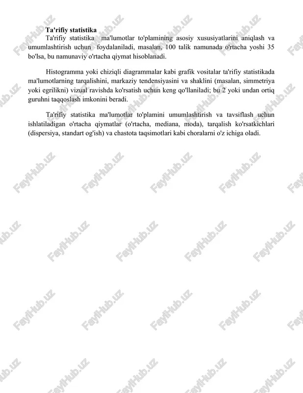 darajasini o'lchash uchun standart og'ishish (sd) yoki kvartil oralig'i kabi ko'rsatkichlardan foydalanadi, bu erda sd 1 dan 10 gacha bo'lgan qiymatlar oralig'ida bo'lishi mumkin. ta'rifiy statistika ta'rifiy statistika ma'lumotlar to'plamining asosiy xususiyatlarini aniqlash va umumlashtirish uchun foydalaniladi, masalan, 100 talik namunada o'rtacha yoshi 35 bo'lsa, bu namunaviy o'rtacha qiymat hisoblanadi. histogramma yoki chiziqli diagrammalar kabi grafik vositalar ta'rifiy statistikada ma'lumotlarning tarqalishini, markaziy tendensiyasini va shaklini (masalan, simmetriya yoki egrilikni) vizual ravishda ko'rsatish uchun keng qo'llaniladi; bu 2 yoki undan ortiq guruhni taqqoslash imkonini beradi. ta'rifiy statistika ma'lumotlar to'plamini umumlashtirish va tavsiflash uchun ishlatiladigan o'rtacha qiymatlar (o'rtacha, mediana, moda), tarqalish ko'rsatkichlari (dispersiya, standart og'ish) va chastota taqsimotlari kabi choralarni o'z ichiga oladi. 📌xulosa ma'lumotlar tahlilidagi statistik usullar ma'lumotlarning ob'ektiv baholanishini, natijalarning ishonchliligini va aniq xulosalar chiqarishni ta'minlaydi. bu usullar turli sohalarda muhim ahamiyatga ega. 📚foydalanilgan adabiyotlar 1. montgomery, d. c., peck, e. a., vining, g. g. (2012). ma'lumotlar tahlilida statistik usullar. …