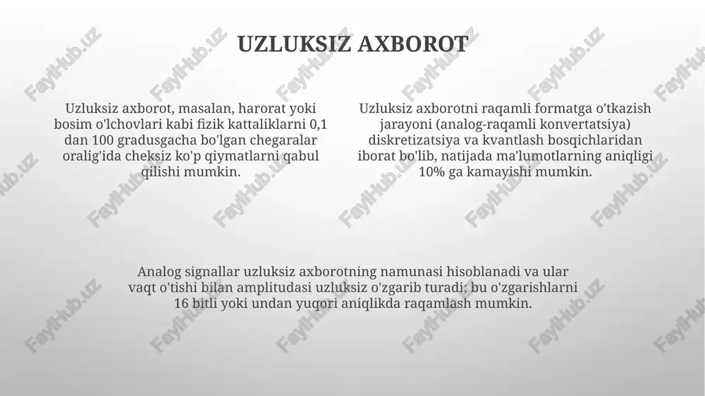 o'zgaruvchi qiymatlardan iborat. tekst, rasm, audio va video kabi 4 xil asosiy multimediya axborot turlari mavjud bo'lib, ularning har biri o'ziga xos xususiyatlarga ega. axborot hajmi bitlar (bit) yoki baytlar (byte) bilan o'lchanadi, 1 bayt 8 bitga teng. katta hajmdagi axborotni saqlash va uzatish uchun samarali siqish usullaridan foydalaniladi. diskret axborotning xususiyatlari diskret axborotni kodlash va uzatish jarayonlari nisbatan sodda va xatolikka chidamli bo'ladi, chunki ular sonli qiymatlar bilan ishlaydi va 8 bitli baytlar kabi standart birliklarga ega. diskret axborot cheklangan sonli qiymatlarni qabul qiladi, masalan, 0 va 1, 256 rang palitrasidagi ranglar soni kabi. bu xususiyat uni raqamli tizimlarda samarali qayta ishlashga imkon beradi. diskret axborot o'zgarishi aniq qadamlar bilan amalga oshadi, masalan, haroratni 1°c ga o'zgarishi yoki hisoblagichdagi birliklar o'zgarishi. bunday o'zgarishlar o'lchov aniqligi bilan chegaralangan. axborotni qayta ishlash raqamli tasvirlarni qayta ishlashda, 256 gradasiya bo'lgan 8 bitli ranglar palitrasi keng qo'llaniladi, bu esa 16,7 millionta turli rangni …