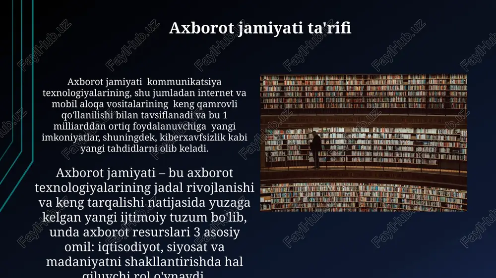 lobal aloqa internetning global ulanishi, kiberxavfsizlik tahdidlari, ma'lumotlarning maxfiyligi va axborot tengsizligi kabi muhim texnologik va ijtimoiy muammolarni keltirib chiqarishi mumkin, bu esa 2023-yil holatiga ko'ra global miqyosda 60% dan ko'proq internet foydalanuvchilarini ta'sir qiladi. global miqyosdagi internet aloqasi, taxminan 4.7 milliarddan ortiq faol foydalanuvchilar bilan, elektron tijorat, masofaviy ta'lim va teletibbiyot kabi sohalarning rivojlanishiga sezilarli hissa qo'shmoqda. axborot jamiyatida ta'lim va malaka oshirish axborot jamiyatida malaka oshirishning samaradorligini baholash uchun kamida 5 ta ko'rsatkich, jumladan, ishga joylashish darajasi va ish haqi miqdori, hisobga olinishi kerak. axborot jamiyatida 21-asr ko'nikmalari, masalan, dasturlash, ma'lumotlar tahlili va raqamli marketing bo'yicha o'qitishning sifati va mavjudligi muhim ahamiyat kasb etadi, bu esa ishsizlik darajasini 15% ga kamaytirishi mumkin. davlat siyosati va axborot jamiyati elektron hukumat tizimining samaradorligini oshirish uchun 2024 yilgacha davlat xizmatlarining 90% dan ortig'ini onlayn tarzda olish imkoniyatini yaratish maqsadi qo'yilgan. davlat siyosatida axborot texnologiyalariga 2025 yilgacha bo'lgan davrda 50 trillion so'mdan …
