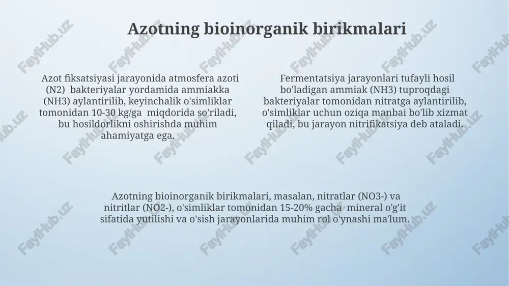 rajasi va mikroorganizmlar faolligining ta'siriga bog'liq bo'lib, ph 7 atrofida nitratlar ustunlik qiladi. nitratlar o'simliklar tomonidan o'zlashtirilishida 120-180 kg/ga gacha bo'lgan miqdorda azot manbai sifatida xizmat qiladi, bu esa hosildorlikni sezilarli darajada oshirishi mumkin. azot fiksatsiyasi jarayoni ba’zi azot fiksatsiyasi qiluvchi bakteriyalar, masalan, rhizobium turlari, dukkakli o'simliklar ildizlarida simbiotik munosabatlar hosil qilib, o'simliklarga azot manbasini ta’minlaydi, bu samaradorlikni 90% ga oshirishi mumkin. azot fiksatsiyasi jarayoni tuproqning ph darajasiga, temperaturasiga va kislorod miqdoriga juda bog’liq bo'lib, optimal sharoitlarda maksimal samaradorlikka erishiladi. azot fiksatsiyasi jarayonida atmosfera azoti (n2) bakteriyalar tomonidan ammiak (nh3) ga aylantiriladi, bu jarayon 16 molekula atp energiyasini talab qiladi va nitrogenaza fermenti orqali amalga oshiriladi. tuproq unumdorligini oshirishda azotning roli tuproq unumdorligini oshirishda azot, o'simliklarning o'sishini tezlashtiruvchi muhim element bo'lib, 100 kg/ga dan ortiq miqdorda qo'llanilganda hosildorlikni 20-30% ga oshirishi mumkin. nitrat shaklidagi azotning tuproqdagi mavjudligi, o'simliklar uchun oson hazm bo'ladigan shakl bo'lib, ph darajasiga bog'liq holda, tuproqning 5-7 …