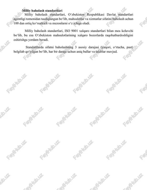 r sifatini baholash uchun 100 dan ortiq koʻrsatkich va mezonlarni oʻz ichiga oladi. milliy baholash standartlari, iso 9001 xalqaro standartlari bilan mos keluvchi boʻlib, bu esa oʻzbekiston mahsulotlarining xalqaro bozorlarda raqobatbardoshligini oshirishga yordam beradi. standartlarda sifatni baholashning 3 asosiy darajasi (yuqori, oʻrtacha, past) belgilab qoʻyilgan boʻlib, har bir daraja uchun aniq ballar va talablar mavjud. 📌xulosa baholash mezonlari tavsifi natijalarning ob'ektiv va adolatli baholanishini ta'minlaydi, bu esa ta'lim jarayonining samaradorligini oshirishga hissa qo'shadi. ushbu mezonlarning aniq va tushunarli bo'lishi talabalar uchun muvaffaqiyatga erishish yo'lini ochib beradi. 📚foydalanilgan adabiyotlar 1. baholoshning standart tavsifiga oid o'zbekiston respublikasi vazirlar mahkamasining qarori. 2. baholash standartlari bo'yicha metod ko'rsatmalari. 3. o'zbekiston respublikasi ta'lim sohasidagi baholash standartlari to'g'risidagi qonun hujjatlari. 4. xalqaro ta'lim baholash standartlari. 5. milliy ta'lim tizimida baholash sifatini nazorat qilish mexanizmlari
