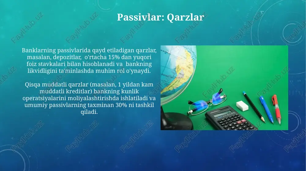 kam bo'lmasligi kerak. bank hisobining kelajagi va yangi tendentsiyalar blockchain texnologiyasi bank hisoblarining xavfsizligini oshirib, firibgarliklar sonini 15% ga qisqartirish va operatsiyalar tezligini 2 barobarga oshirishga yordam beradi. bank hisobining kelajagi katta ma’lumotlar (big data) va sun’iy intellekt (ai) texnologiyalari bilan chambarchas bogʻliq boʻlib, operatsiyalarni avtomatlashtirish va xatoliklarni 30% ga kamaytirish imkonini beradi. bank hisobidagi xarajatlar bank hisobidagi soliq to'lovlari, foyda solig'i hisobiga 15% va qo'shilgan qiymat solig'i hisobiga 10% ni tashkil qilib, jami foydaning 25% ini tashkil qilishi mumkin. bank hisobidagi xarajatlar, o'rtacha 25% ni tashkil etadigan operatsion xarajatlar (xodimlar ish haqi, ijara to'lovlari), 15% marketing va reklama xarajatlari hamda 10% texnologiya va infratuzilma investitsiyalaridan iborat bo'lishi mumkin. bank hisobi mavzulari va ob'ektlariga kirish bank hisobi audit tekshiruvi, moliyaviy tahlil va boshqaruv qarorlarini qabul qilish uchun muhim bo'lgan, xalqaro hisob standartlari (xhs) ga muvofiq 2-3 yillik moliyaviy ma'lumotlarni tahlil qilishni ta'minlaydi. bank hisobi mavzusi 10 ga yaqin asosiy hisobot …
