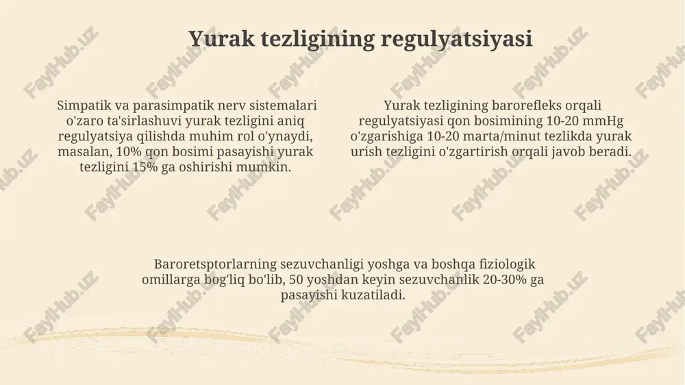 al (ix) va vagus (x) kranial nervlari orqali uzatilib, uzatish tezligi 80-100 m/s ga yetadi, bu tezda qon bosimini rostlash imkonini beradi. medulla oblongata va uning roli barorefleksning asosiy markazi medulla oblongata bo‘lib, u qon bosimining o‘zgarishlariga 0.1-0.2 soniya ichida reaksiya qilib, tezda kompensatsion mexanizmlarni ishga tushiradi. medulla oblongata ichida joylashgan vazomotor markaz simpatik va parasimpatik nerv sistemasini faollashtirib, yurak urish tezligini va qon tomirlarining tonusini o‘zgartirish orqali qon bosimini tartibga soladi. miyada joylashgan medulla oblongata yurak-qon tomir sistemasini boshqarishda muhim rol o‘ynaydi, qon bosimini 90-120 mm hg oralig‘ida ushlab turishga yordam beradi va baroretsptorlardan impulslarni qabul qiladi. barorefleksning klinik ahamiyati barorefleksning buzilishi gipertenziya va boshqa kardiovaskulyar kasalliklarning rivojlanishiga olib kelishi mumkin, bu esa 50 yoshdan oshgan aholi orasida o'lim holatlarining 40% ni tashkil qiladi. barorefleks tekshiruvi orqali qon bosimini tartibga solish mexanizmining buzilish darajasini aniqlash va prognozlash, yurak-qon tomir kasalliklari xavfini baholash mumkin. barorefleks funksiyasini baholash, 20-30 mm hg …
