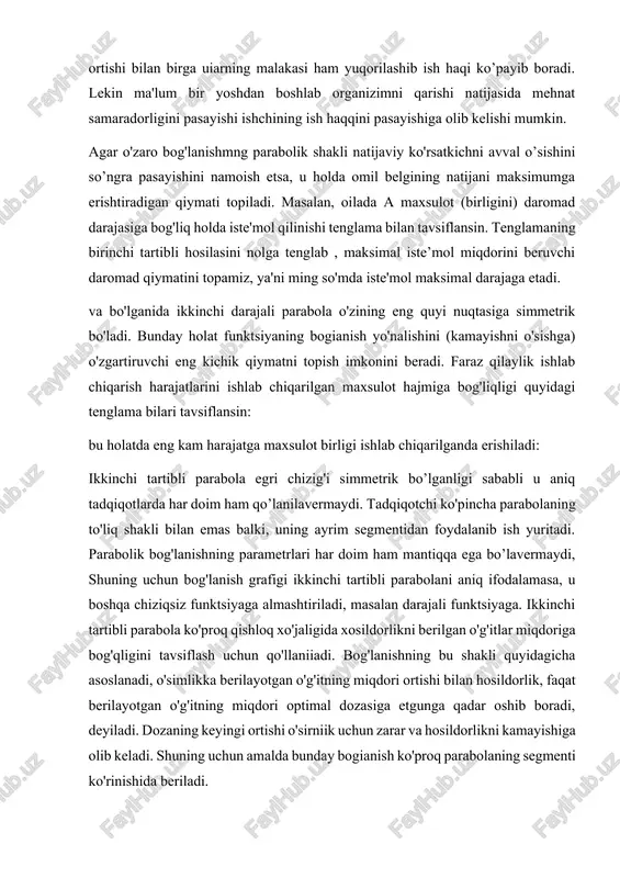 tida ishsizlik me'yori (x) va ish haqi (y) ning o'sish foizi orasidagi munosabatini tavsiflovchi fillips egri chizig’i keltiriladi: ingliz iqtisodchisi a.v.fillips 100 yildan ko'proq davrdagi ma’lumotlarni taxlil qilib xx asrning 50-yillari oxirida ish haqini o'sib borishi darajasi, ishsizlik darajasiga nisbatan teskari bog’langanligani aniqlagan. ko’rinishidagi teng tomonli giperboladagi ni z bilan almashtirib chiziqli regressiya tenglamasini olamiz. uning parametrlarini ekku bilan aniqlash mumkin. ushbu funktsiya uchun normal tenglamalar sistemasi quyidagidan iborat: bo’lganda teskari bog’lanish bo’lib, bo’lganda u a parameter bilan baholanadigan o'zinig eng kichik qiymatiga erishadi. funktsiyasi bilan ifodalanuvchi fillips egri chizig'ida a parametrning qiymati 0,00679ga teng, bu ishsizlik darajasining o'sishi bilan ish haqining qo’shimcha o'sishi sur'ati nolga intilishini ko'rsatadi. bo’lib x cheksizga intilganda ( ) yuqori asimptotaga ega bo’lgan sekin o'suvchi, ya'ni tenglamada a parametr baho beradigan y ning maksimumga erishuvchi, funktsiyaga ega bo’lamiz. misol sifatida umumiy harajatlar (yoki daromadlar) bilan uzoq muddatli tovarlarga harajatlar ulushi orasidagi bogianishni ko'rish imimkin. bunday …