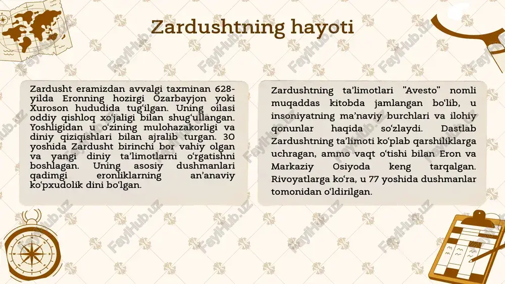 i targ‘ib qilish va halollik bilan yashash kabi qadriyatlar ham kitobda keng yoritilgan ahura mazda va angra manyu zardushtiylikda asosiy ilohiy mavjudot ahura mazda hisoblanadi. ahura mazda dunyoning yaratuvchisi va yaxshilikning ramzidir. unga qarama-qarshi bo‘lgan yovuz kuch esa angra manyu (ahriman) deb ataladi. ushbu ikkilik ta’limoti yaxshilik va yomonlik o‘rtasidagi kurashni aks ettiradi va insonlarni yaxshi amallar qilishga undaydi. ahura mazda (donolik xudosi) – ezgulik, yorug‘lik va yaratuvchanlik timsoli bo‘lib, olamni yaratgan va uni boshqaruvchi ilohiy kuch hisoblanadi. u odamlarga adolatli bo‘lishni, haqiqatni tan olishni va poklikka intilishni o‘rgatadi. zardushtiylikda ahura mazda yagona oliy xudo sifatida ulug‘lanadi va barcha yaxshiliklarning manbai deb hisoblanadi. zardushtiylik ta’limotiga ko‘ra, ahura mazda va angra manyu o‘rtasidagi kurash dunyo mavjudligining asosiy ma’nosidir. insoniyat bu kurashda ahura mazda tomonida turib, ezgulik uchun kurashishi lozim. oxir-oqibatda, yaxshilik (ahura mazda) g‘alaba qozonadi va dunyo mukammal va uyg‘un holatga yetadi. angra manyu (yovuz ruh) esa yovuzlik, zulmat va vayronagarchilik …