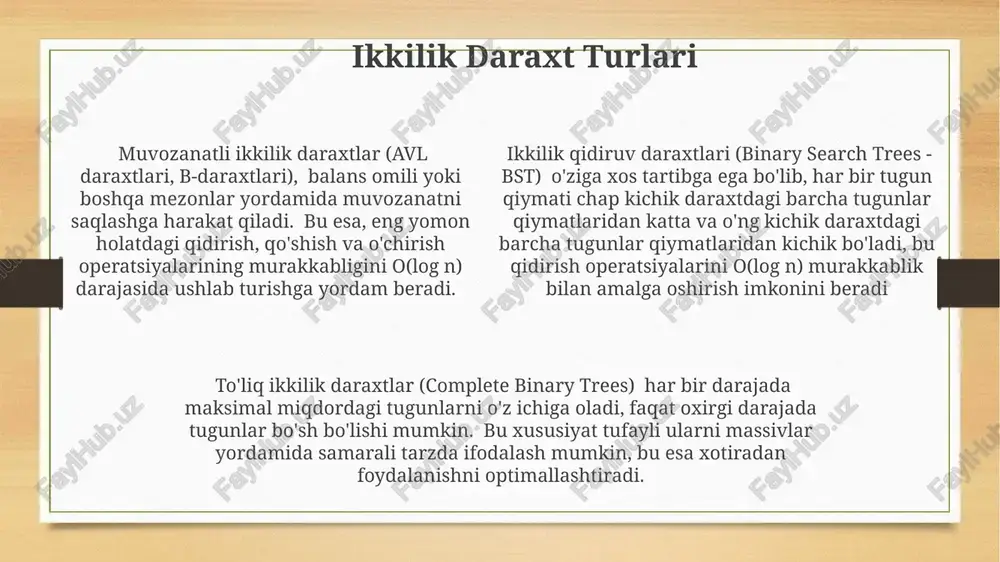 -onasi aniqlanadi. agar daraxt bo'sh bo'lsa, yangi tugun ildiz tugun bo'ladi. aks holda, tugun tegishli joyga (chap yoki o'ng) qo'shiladi. muvozanatli ikkilik qidiruv daraxtlarida qo'shish operatsiyasi o(log n) vaqt murakkabligiga ega bo'lib, bu yerda n – daraxtdagi tugunlar sonini bildiradi. nomuvozanat daraxtlarda esa bu murakkablik o(n) gacha yetishi mumkin. qo'shish operatsiyasi tugunning o'ng yoki chap farzandiga qarab, recursive yoki iterative usullar yordamida amalga oshirilishi mumkin. har bir usulning o'z afzalliklari va kamchiliklari mavjud bo'lib, ular daraxtning tuzilishi va ma'lumotlarga kirish tezligiga bog'liq. daraxtlarni traversal qilish usullari daraxtlarni traversal qilishning uchta asosiy usuli mavjud: preorder (ildiz-chap-o'ng), inorder (chap-ildiz-o'ng) va postorder (chap-o'ng-ildiz) bo'lib, ular node larning qayta ishlanish tartibini belgilaydi va har bir usul turli xil maqsadlar uchun qo'llaniladi. preorder traversal ildiz tugunni birinchi bo'lib ziyorat qiladi, keyin chap pastki daraxtni va nihoyat o'ng pastki daraxtni rekursiv ravishda qayta ishlaydi; bu usul 2-darajali daraxtlarda 2n-1 ta operatsiyani talab qilishi mumkin. inorder traversal …