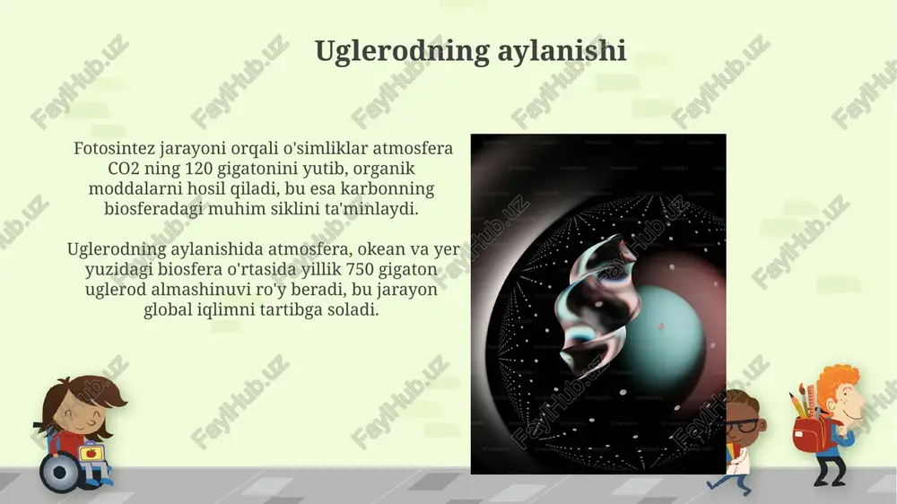 rafik joylashuvga va ekologik sharoitlarga bogʻliq. oziq-ovqat zanjiri va oziq-ovqat to`rlari oziq-ovqat zanjiri odatda 3-5 trofik darajadan iborat bo'lib, har bir daraja oldingi darajadagi organizmlar bilan oziqlanadi va keyingi darajadagi organizmlar uchun oziq-ovqat manbai hisoblanadi. oziq-ovqat to'rlari esa oziq-ovqat zanjirlarining murakkab o'zaro bog'liqligi bo'lib, bir nechta oziq-ovqat zanjirlarining bir-biriga ulanishi natijasida hosil bo'ladi va 10 dan ortiq trofik darajaga ega bo'lishi mumkin. biosferaning tarkibiy qismlari biosferaning tuzilishiga bakteriyalar, zamburug'lar va hayvonlar kabi 3 milliondan ortiq turdagi organizmlar kiradi, ularning har biri o'ziga xos ekologik funksiyalarni bajarishga ixtisoslashgan. biosfera 90% dan ortiq suvdan, qolgan qismi esa quruqlik va atmosfera tarkibiga kiradigan uchta asosiy qismdan iborat bo'lib, bu qismlar o'zaro murakkab oziq-ovqat zanjiri orqali bog'langan. energiya oqimi biosferada biosferada energiya oqimining asosiy manbai quyosh bo'lib, u 342 vt/m² atrofida energiya oqimini ta'minlaydi, bu yer yuzasiga tushuvchi energiya miqdoridir. biosferadagi energiya oqimi quyosh energiyasining 1% dan kamrog'ini o'simliklar fotosintez orqali o'zlashtiradi, qolgan qismi …