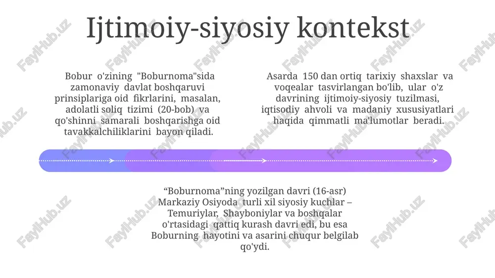 tafakkuri bilan 20-asr o'zbek romanlari va hikoyalarida namoyon bo'lgan ichki monolog va oqim ongi texnikasining ildizlarini aks ettiradi. "boburnoma"ning til va uslub jihatidan 16-asr o'zbek adabiyotining an'anaviy xususiyatlarini, jumladan, she'riylik va majoziy ifodalarni davom ettirgani kuzatiladi, bu esa zamonaviy adabiyotga ta'sir ko'rsatgan. "boburnoma"dagi voqealarni bayon qilish uslubi va xronikaga yaqinligi, 19-asr oxiri va 20-asr boshlarida rivojlangan tarixiy roman janriga bevosita ta'sir ko'rsatgan. muallifning estetik qarashlari 01 02 03 boburnomaning she'riy uslubi va badiiy vositalarining xarakteristikasi muallifning 5 ta asosiy estetik prinsiplarini ochib beradi: tabiatga muhabbat, insonparvarlik, milliy g'urur, adolat va haqiqatga intilish. muallifning estetik qarashlari asar bo'ylab tarqalgan 20 ga yaqin ramziy obrazlar orqali ifodalanadi, ularning har biri ma'lum falsafiy va estetik ma'nolarni o'zida mujassamlashtiradi. muallifning "boburnoma"dagi estetik qarashlari tabiat tasvirlarida 30 dan ortiq misolda aniq ko'rinadi, bu esa uning klassik adabiyotga xos go'zallik me'yorlariga rioya qilganligini ko'rsatadi. sales 1st qtr 2nd qtr 100 0 sales 1st qtr 2nd qtr …