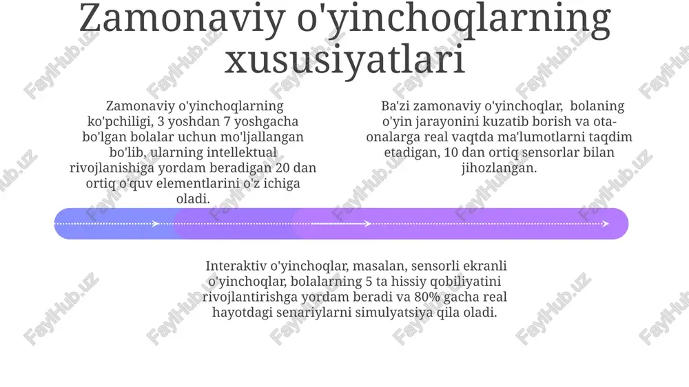 idamli bo'lishi va bolaning xavfsizligini ta'minlashi kerak; minimal chidamlilik muddati – 6 oy. o'yinchoqlarning materiallari toksik bo'lmagan, ev standartlariga javob beradigan va 3 yoshgacha bo'lgan bolalar uchun mos keladigan, zararli moddalarni ajratmaydigan bo'lishi kerak. o'yinchoqlar orqali muloqot ko'nikmalarini shakllantirish rolli o'yinlar orqali bolalar o'zaro munosabatlarni o'rganadilar, turli xil ijtimoiy rollarni sinab ko'rishadi va 50% ga yaqin muloqot strategiyalarini mustaqil ravishda o'zlashtiradilar. o'yinchoqlar yordamida 3-5 yoshli bolalarda kamida 10 ta turli so'z birikmalarini qo'llash ko'nikmalarini rivojlantirish mumkin, bu ularning muloqot doirasini kengaytiradi. konstruktiv o'yinchoqlar, masalan, lego, bolalarga g'oyalarini ifoda etish, hamkorlik qilish va o'zaro fikr almashish orqali muloqotni yaxshilashga yordam beradi, bu esa ularning ijtimoiy-kommunikativ kompetensiyasini oshiradi. o'yinchoqlar orqali ijodkorlikni rivojlantirish add text add text add text add text add text add text o'yinchoqlar, masalan, lego kabi konstruktorlar yordamida bolalar 3d fazoviy fikrlashni, muammolarni 2-3 xil usulda yechishni va 5 yoshdan boshlab murakkab dizaynlarni yaratishni o'rganadilar. bolalarga turli xil qo'g'irchoq teatri, …