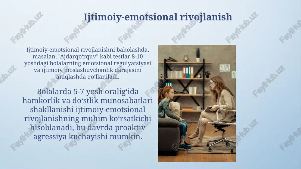 oʻynaydi, 2-7 yosh oraligʻida miya sohalarining ulanishi va sinaptik bogʻlanishlar sonining 70% ga koʻpayishiga yordam beradi. diqqat etishish va giperaktivlik buzilishi giperaktivlik va diqqat etish buzilishi bo'lgan bolalarning 30% dan ortig'ida o'rganish qiyinchiliklari va o'quv muvaffaqiyatsizligiga olib kelishi mumkin. erta interventsiya juda muhim. adhd diagnostikasi uchun standartlashtirilgan psixometrik testlar, masalan, conners reyting shkalalari va boshqalar qo'llaniladi, bolaning simptomlarini 5 yoshdan boshlab aniqlash mumkin. til rivojlanishi til rivojlanishining muhim bosqichlari 1 yoshgacha bo'lgan davrda kuzatiladi, bu davrda bolalar taxminan 50 ta so'zni o'rganadi va oddiy gaplarni tushuna boshlaydilar. til rivojlanishidagi kechikishlar, masalan, 2 yoshda 50 tadan kam so'z bilish yoki 3 yoshda oddiy gaplarni tuza olmaslik, logoped yoki psixolog bilan maslahatlashishni talab qiladi. psixodiagnostik usullar bolalar bilan ishlashda kuzatish usuli juda muhim bo'lib, uning 3 ta asosiy turi mavjud: tuzilgan, yarim tuzilgan va tuzilmagan kuzatishlar, bu esa bolaning xatti-harakatlarini har tomonlama baholashga yordam beradi. psixodiagnostikada 5-7 yoshdagi bolalarda intellektni aniqlash uchun …