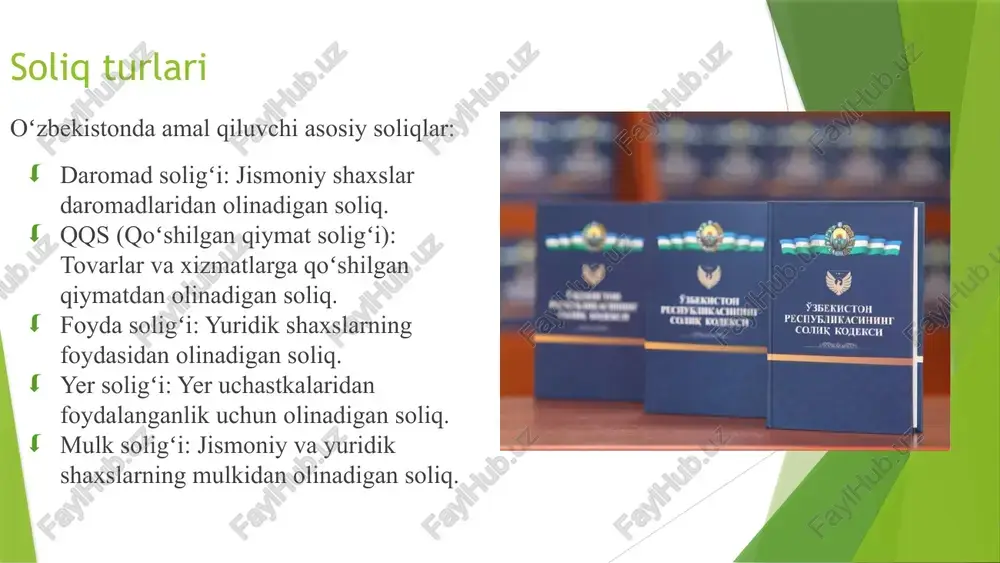 : soliq qonunchiligini takomillashtirish, soliq bazasini kengaytirish va soliq stavkalarini optimallashtirish. soliq ma’muriyatchiligini soddalashtirish, hisobot berish tartiblarini yengillashtirish va raqamlashtirish jarayonlarini joriy etish. yashirin iqtisodiyotga qarshi kurashish, soliq toʻlashdan boʻyin tovlash holatlarini aniqlash va oldini olish. so‘nggi yillarda soliq islohotlari raqamlashtirish jarayonlari bilan chambarchas bog‘langan. o‘zbekistonda 2025-yildan boshlab soliq kodeksiga kiritilgan o‘zgartirishlar kuchga kirdi. asosiy soliq stavkalari saqlanib qoldi, biroq bir qator mahsulotlar uchun aksiz solig‘i va qat’iy belgilangan soliq stavkalari o‘zgardi. ayrim soliq imtiyozlari bekor qilindi. o‘zbekiston prezidenti shavkat mirziyoyev 2024-yil 24-dekabr kuni 2025−2027-yillarga mo‘ljallangan soliq siyosatining asosiy yo‘nalishlari to‘g‘risidagi qonunni imzoladi. unga ko‘ra, 2025-yil uchun amaldagi asosiy soliq stavkalari saqlanib qolindi: daromad solig‘i — 15 foiz; qqs — 12 foiz; jismoniy shaxslardan olinadigan daromad solig‘i — 12 foiz; ijtimoiy soliq — budjet tashkilotlari uchun 25 foiz va boshqalar uchun 12 foiz; aylanmadan soliq — 4 foiz; yer solig‘i (qishloq xo‘jaligi yerlari) — 0,95 foiz; yuridik shaxslar uchun mol-mulk …