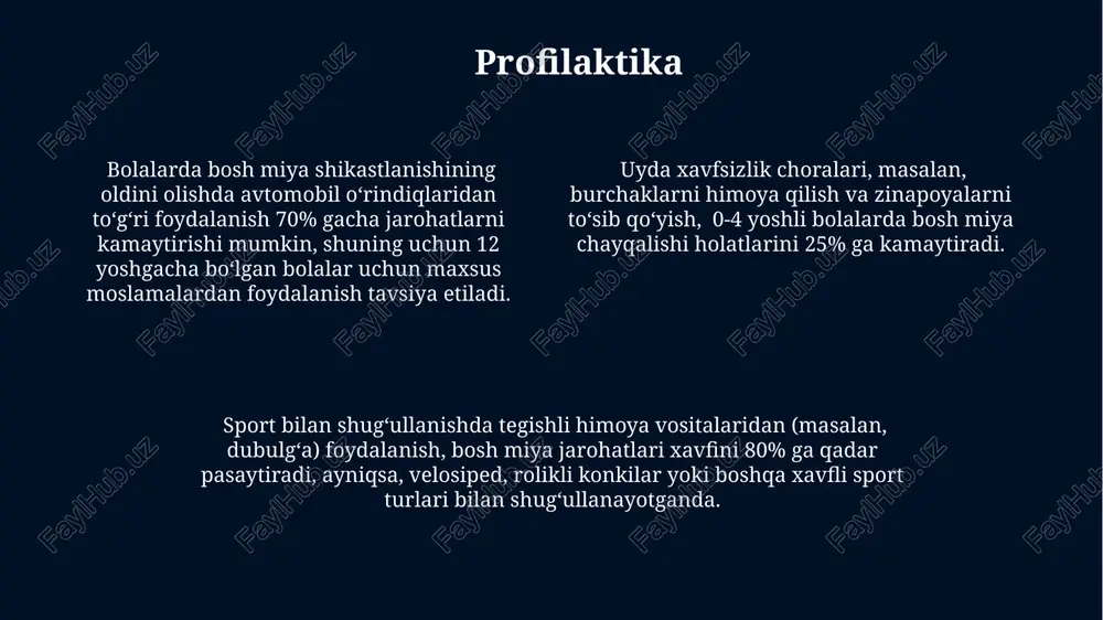 ognozning yomonlashishini ko'rsatadi. bolalarda miya shishining kechiktirilgan asoratlari, masalan, kognitiv buzilishlar yoki epilepsiya rivojlanishi, shikastlanishdan keyin 6 oygacha yoki undan keyin paydo bo'lishi mumkin va uzoq muddatli reabilitatsiyani talab qiladi. miyada shishning 1-3 yoshgacha bo'lgan bolalarda tez-tez uchraydigan turi – subdural gematoma bo'lib, bu miya bilan bosh suyagi orasidagi qon to'planishi bilan tavsiflanadi va tezkor jarrohlik aralashuvini talab qilishi mumkin. diffuz akson shikastlanishi daş, miyaning oq moddasidagi aksonlarning keng tarqalgan shikastlanishi bilan tavsiflanadi, bu esa kognitiv funksiyalar, shu jumladan xotira va e'tiborning buzilishiga olib keladi va glial reaktsiyasi jarayonida o'zgarishlar bo'ladi. diffuz akson shikastlanishi (daş) bolalarda miya jarohatlarining 30% gacha qismini tashkil qiladi va ko'pincha yuqori tezlikdagi avtohalokatlar yoki yiqilishlar natijasida yuzaga keladi. daşning og'irligi koma davomiyligi va glasgow koma shkalasi (gks) ballari bilan bog'liq bo'lib, past gks ballari og'irroq shikastlanishni ko'rsatadi va uzoq muddatli prognozga ta'sir qiladi. bosh miya chayqalishi ogʻir bosh miya chayqalishi holatlarida, qon ketishi yoki miya …