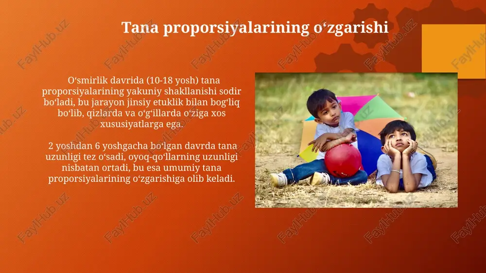 y mashqlarga chidamliligini yaxshilaydi. uch yoshdan olti yoshgacha boʻlgan davr 3-6 yosh oralig'ida bolalar muvozanatini yaxshiroq saqlashni o'rganadilar, o'z harakatlarini yanada aniqroq boshqarish imkoniyatiga ega bo'lib, sakrash, yugurish kabi harakatlarni yanada mukammal bajara boshlaydilar. uch yoshdan olti yoshgacha bo'lgan davrda bolalarning o'rtacha bo'yi yiliga 5-7 sm ga, vazni esa 2-3 kg ga ortadi, bu intensiv o'sish davri hisoblanadi. genetik omillar genetik omillar bolaning boʻyi va vaznining 60-80%ini belgilaydi, qolgan qismi atrof-muhit omillariga bogʻliq. bolalarda tugʻma nuqsonlarning 30% ga yaqini genetik mutatsiyalar bilan bogʻliq boʻlib, ularning jismoniy rivojlanishiga jiddiy ta’sir qiladi. balandlik va vaznning oʻsishi pubertat davrida (10-14 yosh) boʻyli va vaznning tez oʻsishi kuzatiladi, qizlarda bu jarayon oʻgʻil bolalarga qaraganda bir necha yil oldin boshlanadi. 6-7 yoshgacha boʻlgan davrda oʻsish sur'ati sekinlashadi, yiliga oʻrtacha 5-7 sm boʻy oʻsishi va 2-3 kg vazn qoʻshilishi kuzatiladi. e'tiboringiz uchun rahmat @taqdimot_robot image2.png image3.svg image5.png image8.jpg image9.jpg image10.jpg image11.jpg image12.jpg image13.jpg image14.jpg image15.jpg image16.jpg …