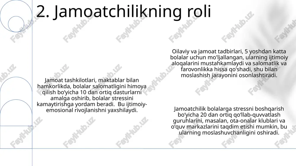 rining rivojlanishi bilan bog'liq. stressli vaziyatlarga duch kelgan bolalarning 30% da uyqu buzilishi, 25% da esa oshqozon-ichak trakti muammolari kuzatiladi, bu esa fiziologik moslashuvning yetarli emasligini ko'rsatadi. 10. bolalarning stressga moslashuvi surunkali stressga uchragan bolalarning 30% dan ko'prog'ida diqqat etish qobiliyatining pasayishi, xotira buzilishi va o'qishdagi qiyinchiliklar kuzatiladi. bolalardagi stress darajasi ularning o'ziga xos xulq-atvorini, masalan, agressivlik yoki ortiqcha qo'rqoqlikni, 70% gacha ko'payishiga olib kelishi mumkin. stress bolalarda o'sish va rivojlanishning sekinlashuviga, 20% gacha bo'lgan holatlarda esa immunitet tizimining zaiflashuviga olib kelishi mumkin. 11. stressning bolalarga ta'siri stressning uzoq muddatli ta’sirini aniqlash uchun longitudal tadqiqotlar (kamida 15 yil kuzatish) o‘tkazish va bolalik davridagi stressning kattalar hayotiga ta’sirini, xususan, ruhiy salomatlik ko‘rsatkichlarini o‘rganish zarur. kelajakdagi tadqiqotlar bolalar stressining turli xil ijtimoiy-iqtisodiy omillarga (masalan, kambag‘allik, oilaning parchalanishi) bog‘liqligi va 5-10 yoshgacha bo‘lgan bolalar guruhlarida uning ta’sirini batafsil o‘rganishi kerak. bolalarning stressga moslashuvchanlik mexanizmlarini genetik va epigenetik omillar bilan bog‘lashga qaratilgan keng ko‘lamli …