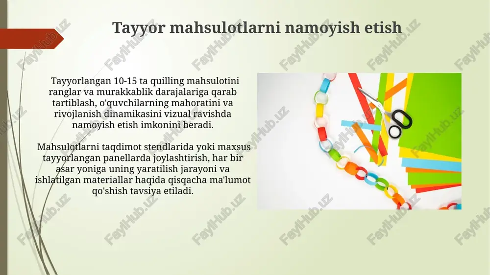 rik shakllarni hosil qiladi. qog'ozni burishning turli xil usullari mavjud: mahkam burish, bo'shashgan burish, "ko'z" texnikasi va boshqalar. har bir usul turli xil effektlar yaratadi. yakunlovchi fikrlar quilling asarlarida geometrik shakllar (aylana, kvadrat, uchburchak) dan foydalanish bolalarda matematik tushunchalarni shakllantirishga yordam beradi, masalan, 3 ta uchburchakdan birta uchburchak hosil qilish. quilling texnikasini o'rgatishda 5-7 yoshli bolalar uchun sodda, 2-3 bosqichli loyihalardan boshlash samarali bo'ladi, bu ularning rivojlanish darajasiga mos keladi. zarur materiallar va asboblar qog'oz va kartonni kesish uchun 2-3ta turli o'lchamdagi qaychi, shu jumladan, nozik ishlar uchun mo'ljallangan kichik qaychilar va to'g'ri kesuvchi chiziqlar uchun katta qaychilar kerak bo'ladi. kvilling uchun 15-20 sm uzunlikdagi, turli rang va tuzilmaga ega bo'lgan 5-7 turdagi yuqori sifatli rangli qog'oz va karton turlarini tayyorlang. e'tiboringiz uchun rahmat @taqdimot_robot image1.jpg image2.jpg image3.jpg image4.jpg image5.jpg image6.jpg image7.jpg image8.jpg image9.jpg image10.jpg image11.jpg image12.jpg image13.jpg image14.jpg image15.jpg image16.jpg image17.jpg