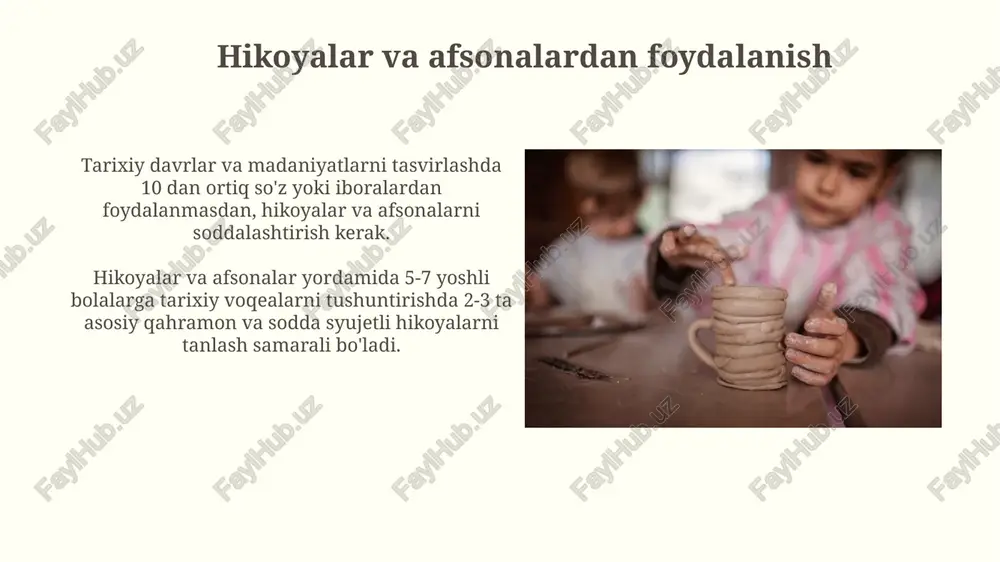 tarixiy ashyolar (xatlar nusxalari)ni ko'rsatish maqsadga muvofiqdir. tarixiy voqealarni tushuntirishda 8-10 yoshli o'quvchilar uchun 2-3 ta asosiy faktga e'tibor qaratib, murakkab tafsilotlardan qochish tavsiya etiladi; sodda xronologiya jadvallaridan foydalanish foydali. jamoa ishlari tarixiy mavzular boʻyicha jamoa ishlari davomida oʻquvchilarning taxminan 20-30 daqiqa davom etadigan loyihalarini yaratish, taqdimot tayyorlash kabi amaliy koʻnikmalarini rivojlantirishga yordam beradi. “jamoa ishlari” boshlangʻich sinflarda oʻquvchilarning 5-7 kishilik guruhlarda birgalikda ishlashini, oʻzaro hamkorlik va muloqot koʻnikmalarini rivojlantirishga qaratilgan oʻquv faoliyatidir. rasm va suratlardan foydalanish rang-barang, yorqin rasmlar va suratlar bolalarning e'tiborini jalb qilishda ancha samarali bo'lib, tarixiy mavzularni o'rganishni qiziqarliroq qiladi. tarixiy rasmlarni tahlil qilish orqali bolalar kuzatish, taqqoslash va xulosa chiqarish kabi muhim ko'nikmalarni 3-4 yoshdan boshlab rivojlantirishlari mumkin. muhokama va bahslar tarixiy matnlarni tahlil qilish ko‘nikmalarini rivojlantirishda “muhokama va bahslar” uslubi 8-10 yoshli bolalarga manbalardagi asosiy fikrlarni aniqlash, dalillar keltirish va xulosalar chiqarish kabi muhim qobiliyatlarni shakllantiradi. “muhokama va bahslar” yosh o‘quvchilarga 2-4 kishilik guruhlarda …
